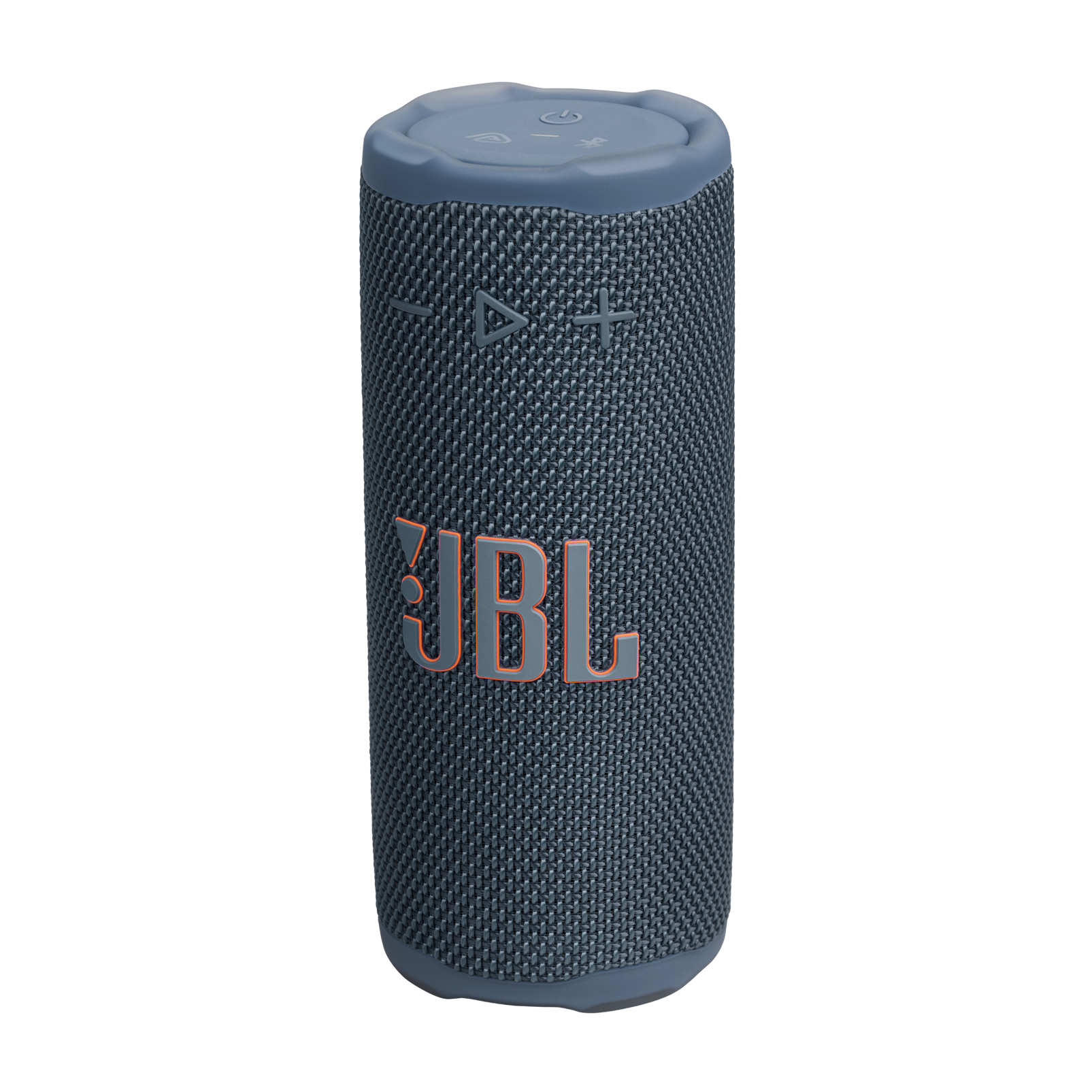 Koyu mavi bir JBL hoparlör. Silindirik, turuncu JBL logosu var. Üstte düğmeler ve bir güç düğmesi görülüyor.