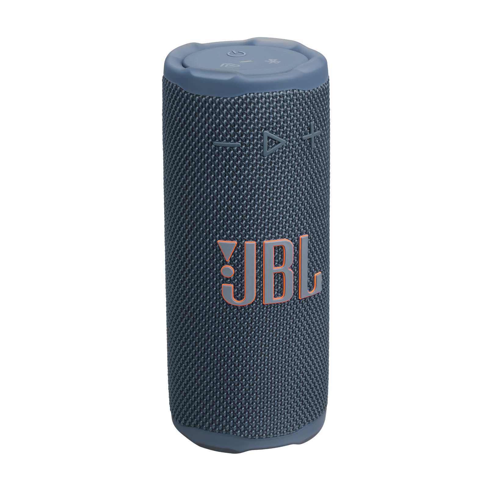Silindirik bir JBL hoparlör, koyu mavi, turuncu detaylarla. Üstünde düğmeler ve önünde JBL logosu var.