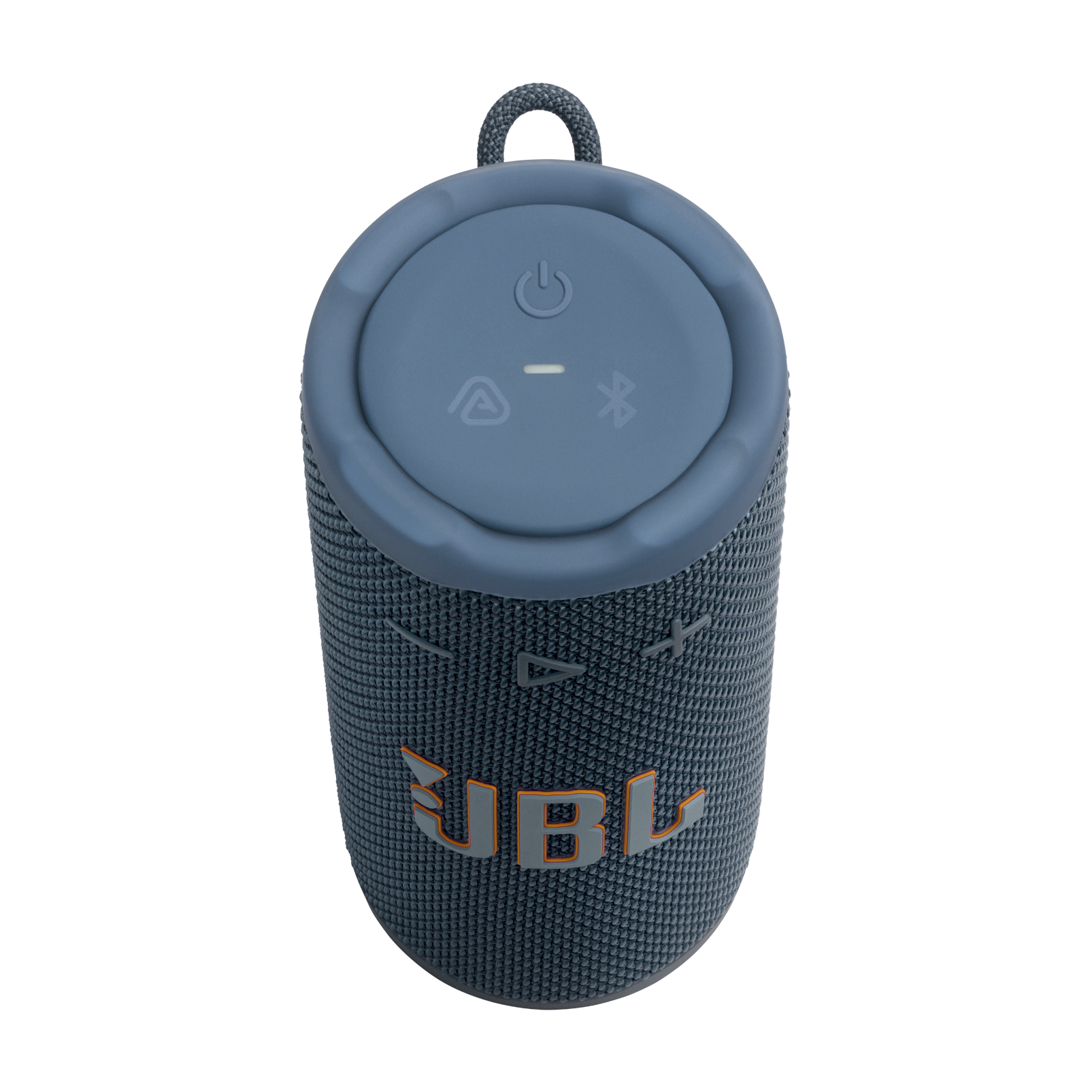 Turuncu JBL logosu olan mavi bir JBL hoparlör. Üstte kontrol düğmeleri ve taşıma halkası var.