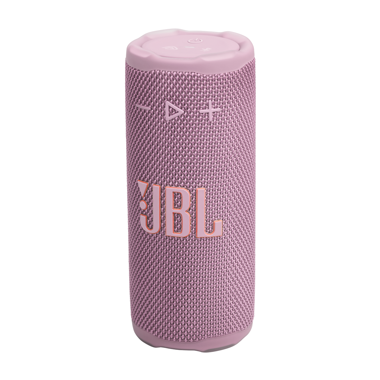 Pembe JBL hoparlör. Üstünde düğmeler bulunan silindirik bir yapıya sahip. JBL logosu görülüyor.