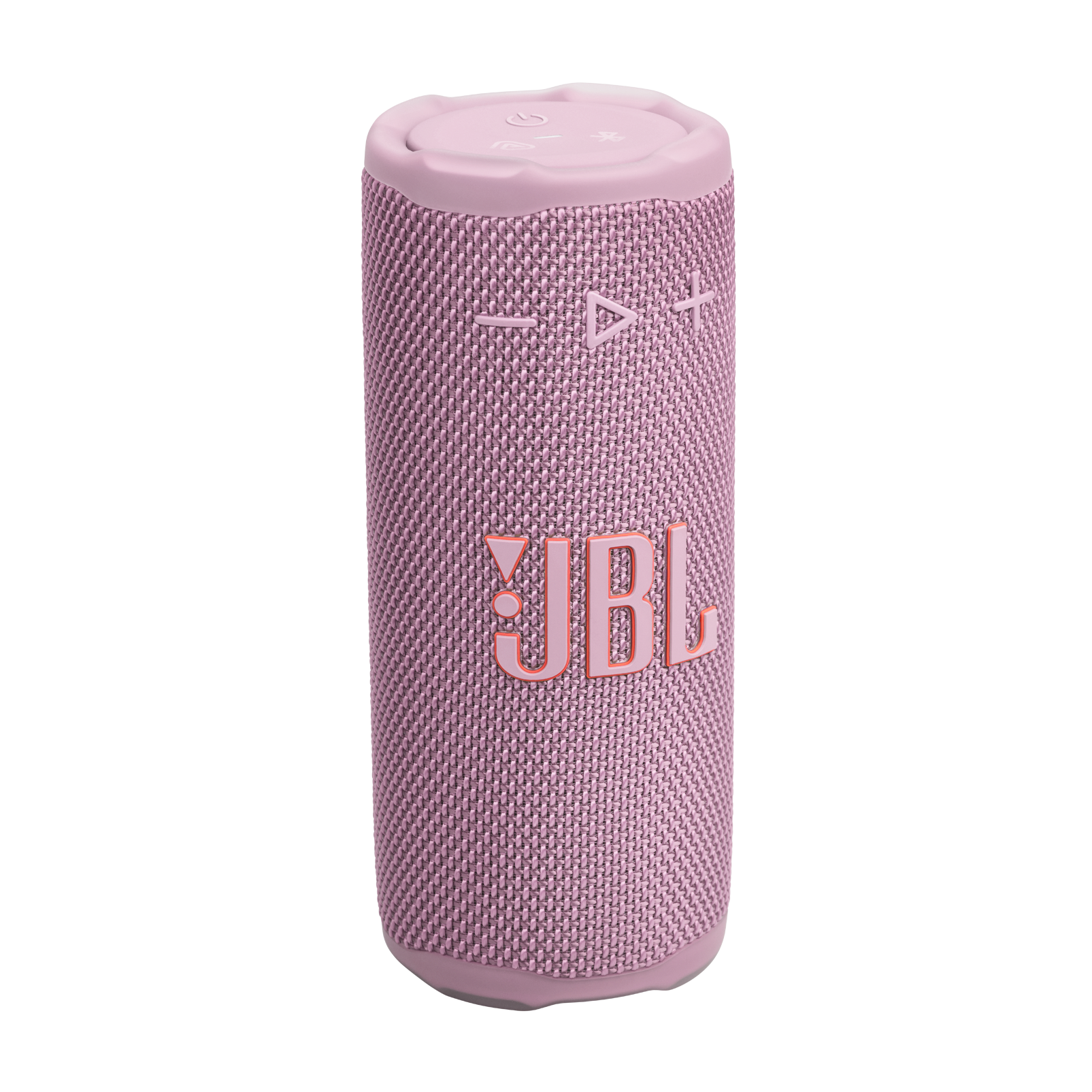 Pembe JBL hoparlör. Üstte kontrol düğmeleri ve önde logo bulunan silindirik şekil. Beyaz zemin üzerinde izole edildi.