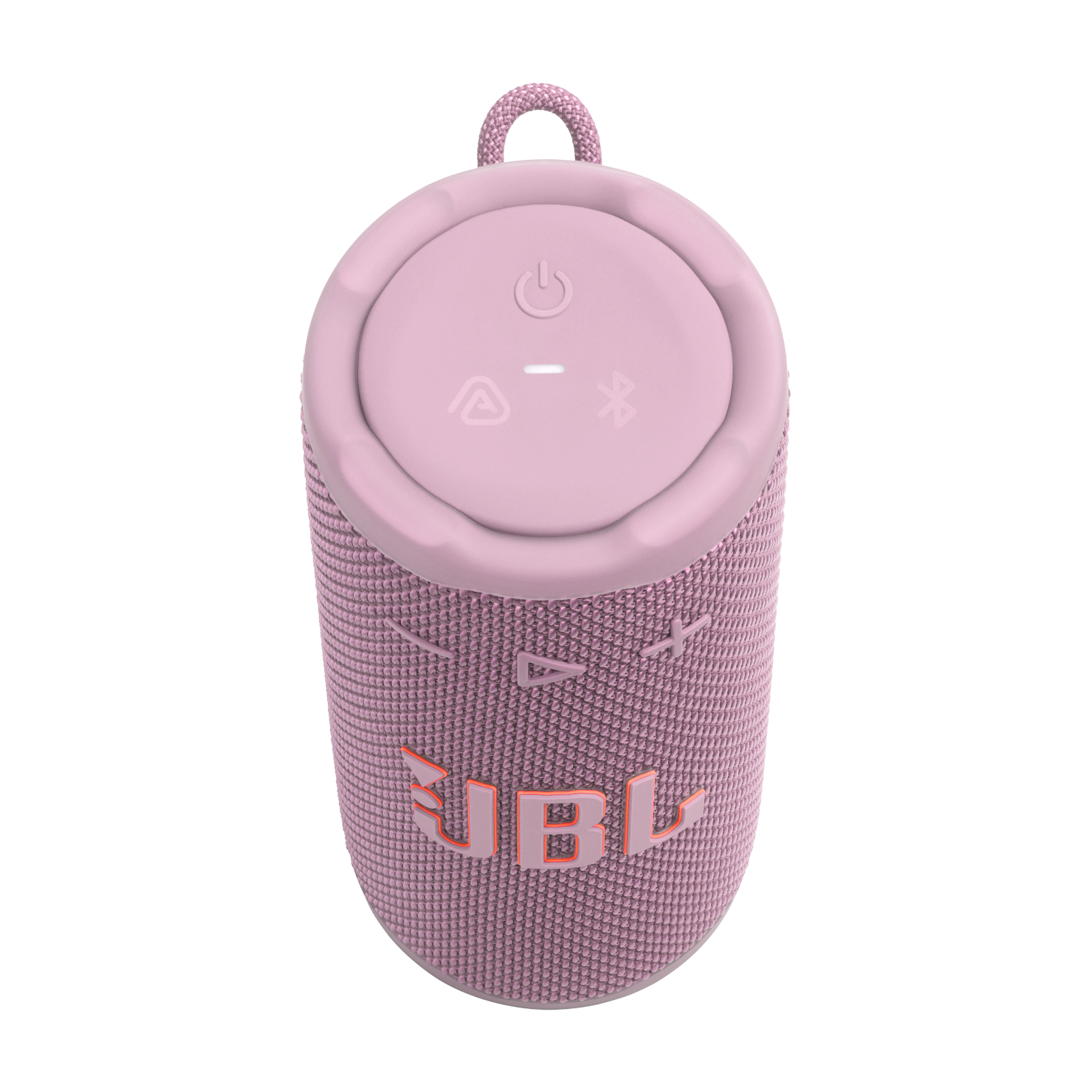 Pembe JBL hoparlör. Açma/kapama düğmesi ve ses kontrolü vardır. JBL logosu görünür.