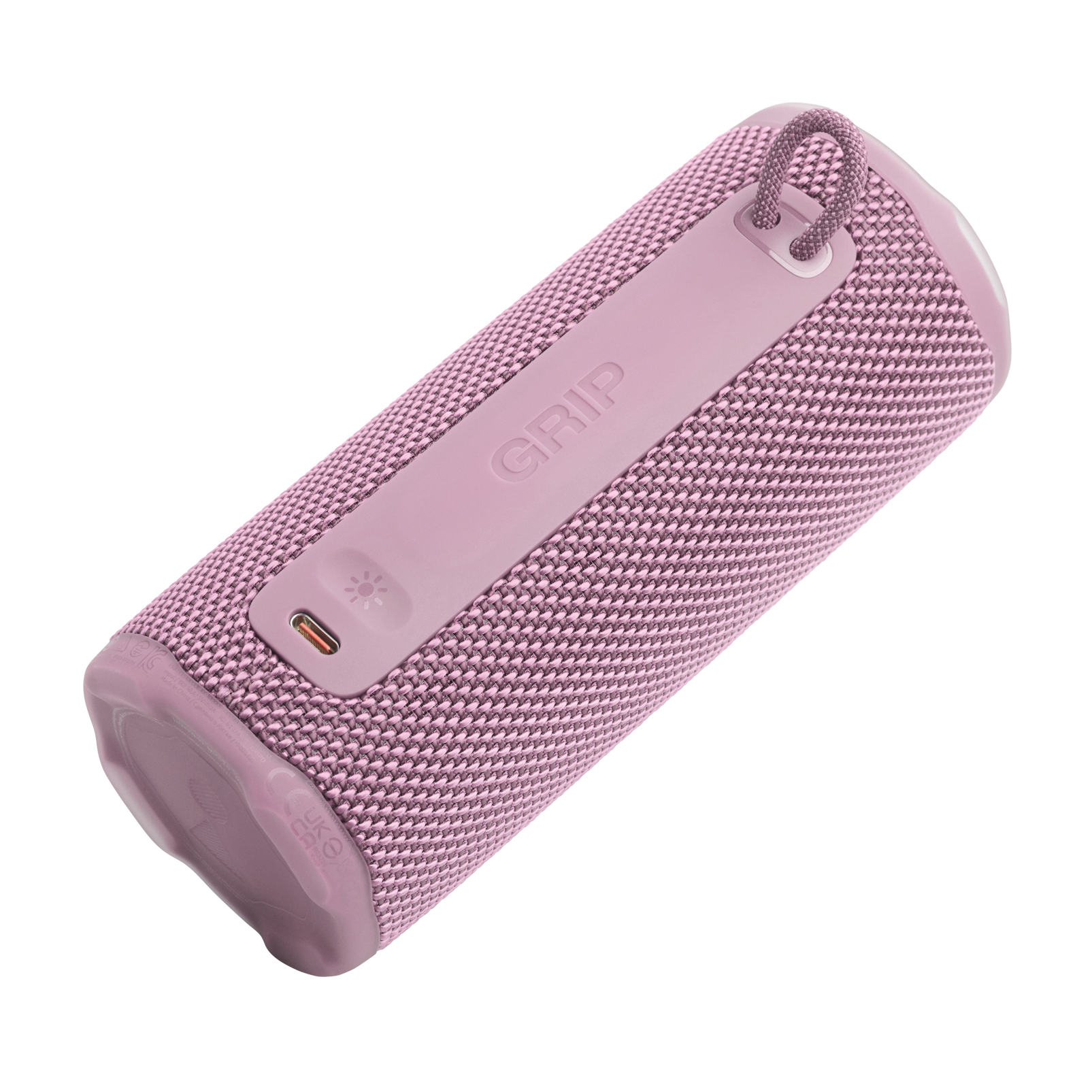 'GRIP' yazılı pembe silindirik hoparlör. Sap, bağlantı noktaları ve dokulu yüzey içerir.