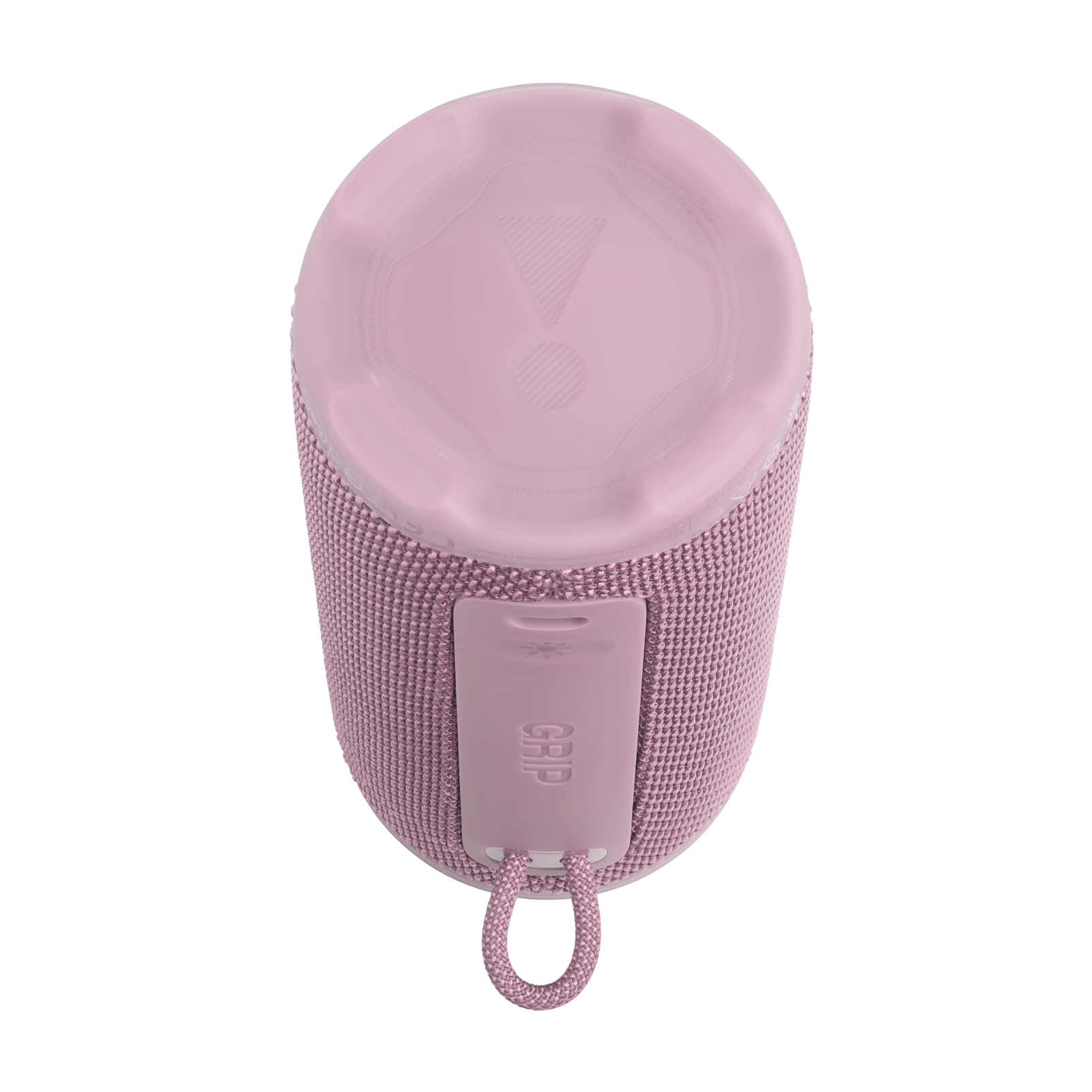 Pembe JBL hoparlör. Kumaş gövdesi, tutacağı ve bir halkası var. Üst kısımda bir ünlem işareti logosu var.