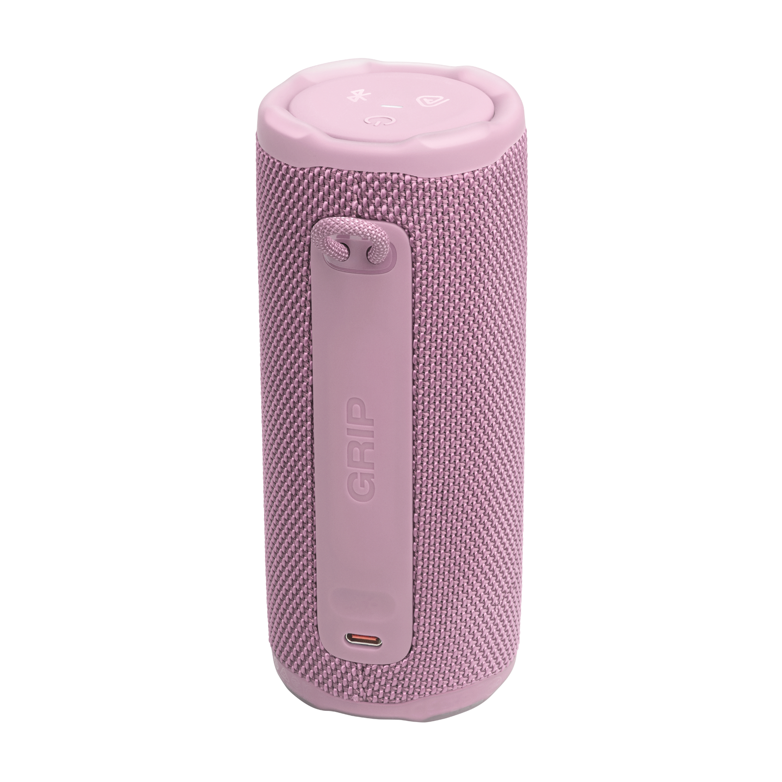 Pembe silindirik hoparlör. Bir tutamağa, bir döngüye ve bir USB-C bağlantı noktasına sahiptir. Üst kısımda kontrol simgeleri bulunur.