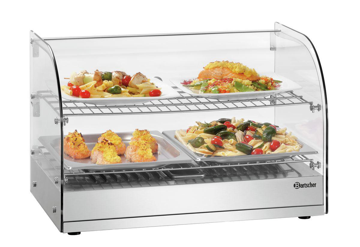 Eine Essensvitrine mit verschiedenen Gerichten: Spieße, Lachs und Pasta. Das Gehäuse ist aus Edelstahl, mit Glasböden.