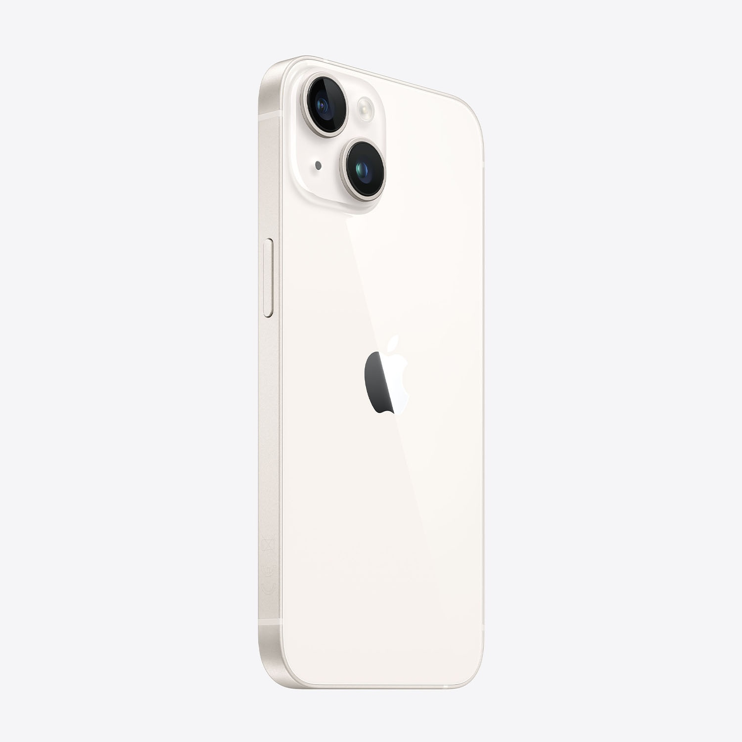 Un iPhone 14 Pro bianco, vista posteriore, con obiettivi della fotocamera e logo Apple. Il telefono è leggermente inclinato.