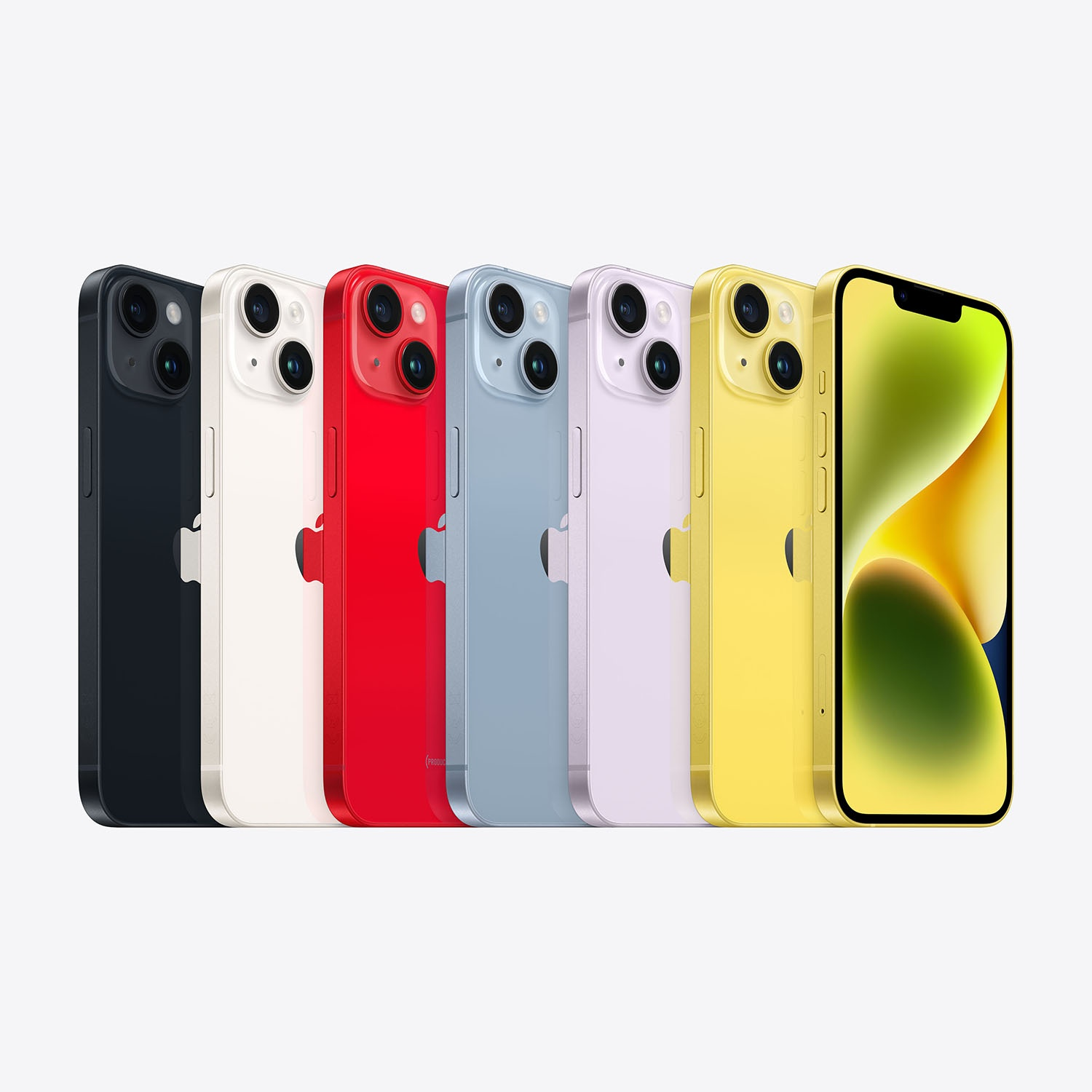 Sette modelli di iPhone 14, ognuno di un colore diverso. Sono allineati su uno sfondo bianco.