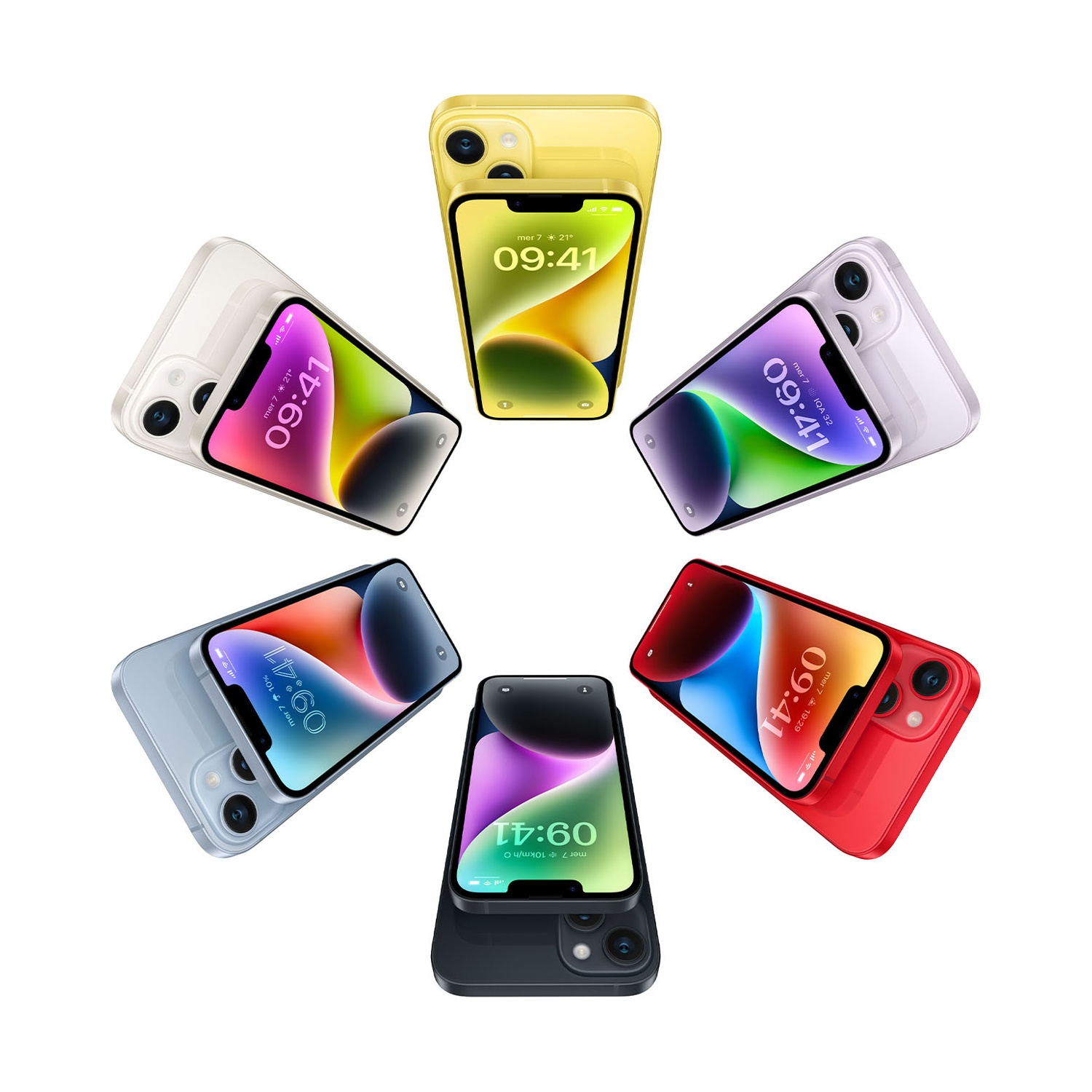 Sette iPhone colorati disposti in cerchio. Ognuno mostra l'ora 09:41 sullo schermo, con sfondi diversi.