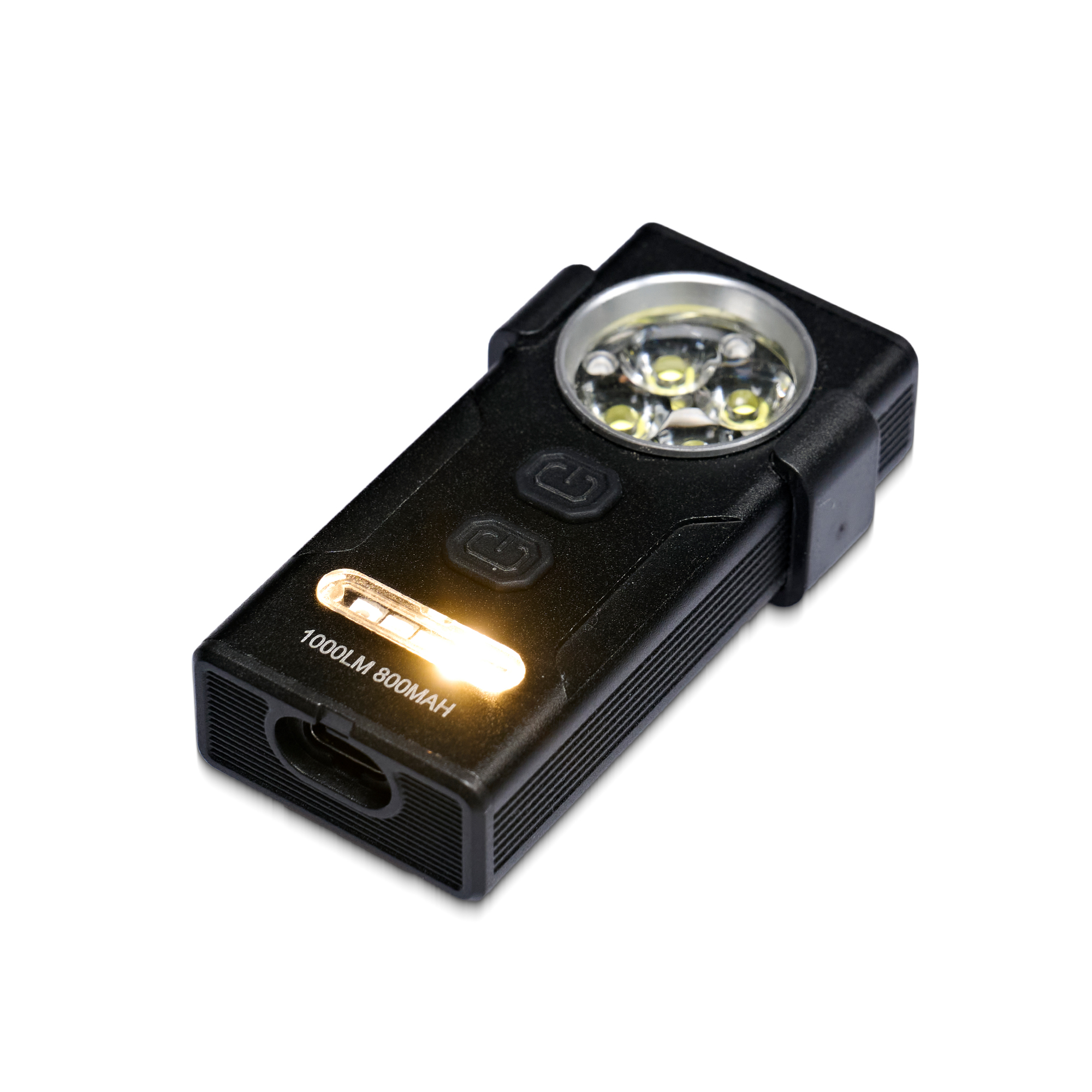 Beyaz LED ışıklı, güç düğmeleri ve şarj portlu siyah el feneri. 1000LM 800MAH'dir.