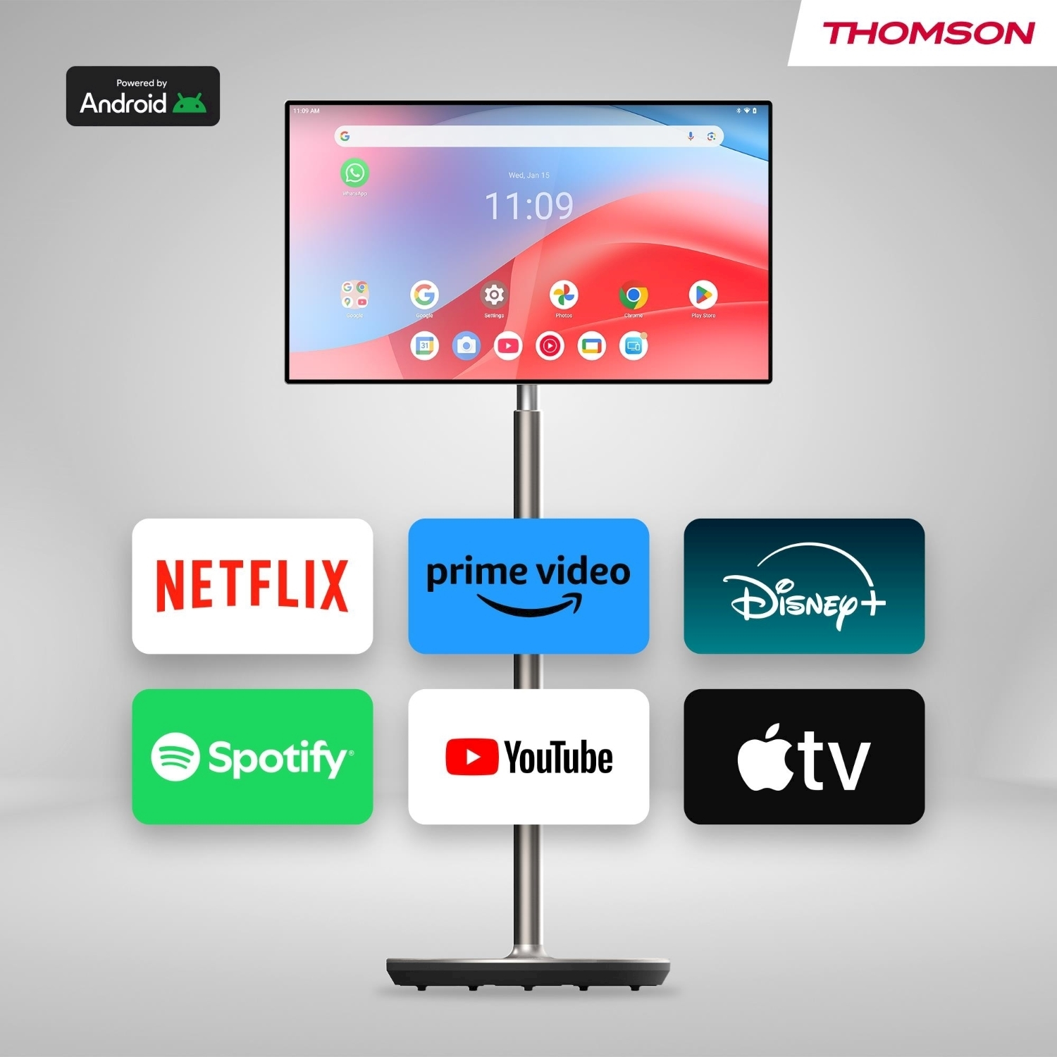 Uno schermo TV mostra un'interfaccia telefonica. Sono visibili app come Netflix, Prime Video, Disney+, Spotify, YouTube e Apple TV.
