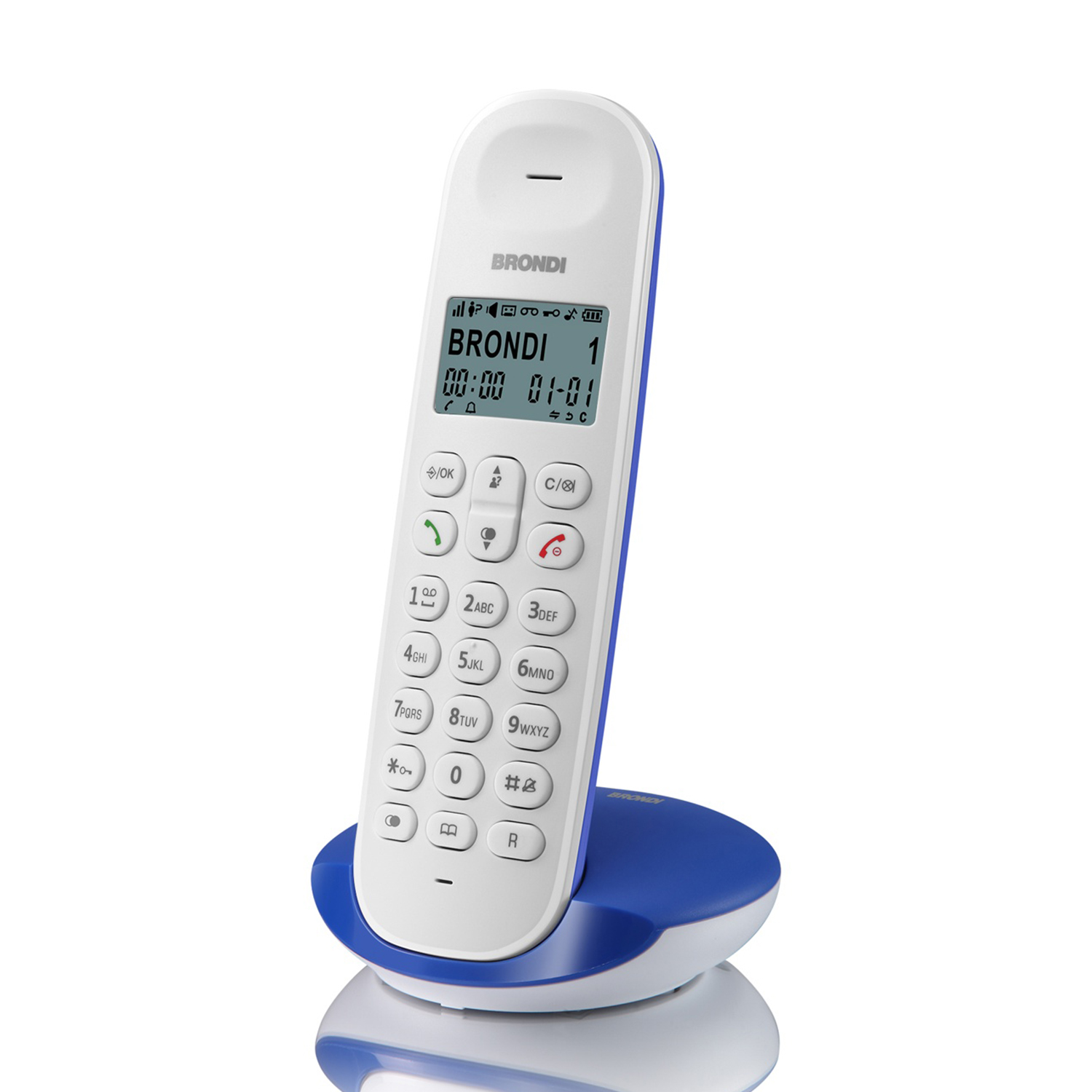 Un telefono cordless bianco e blu con display digitale che mostra 'BRONDI'. È su una base blu con un riflesso lucido.