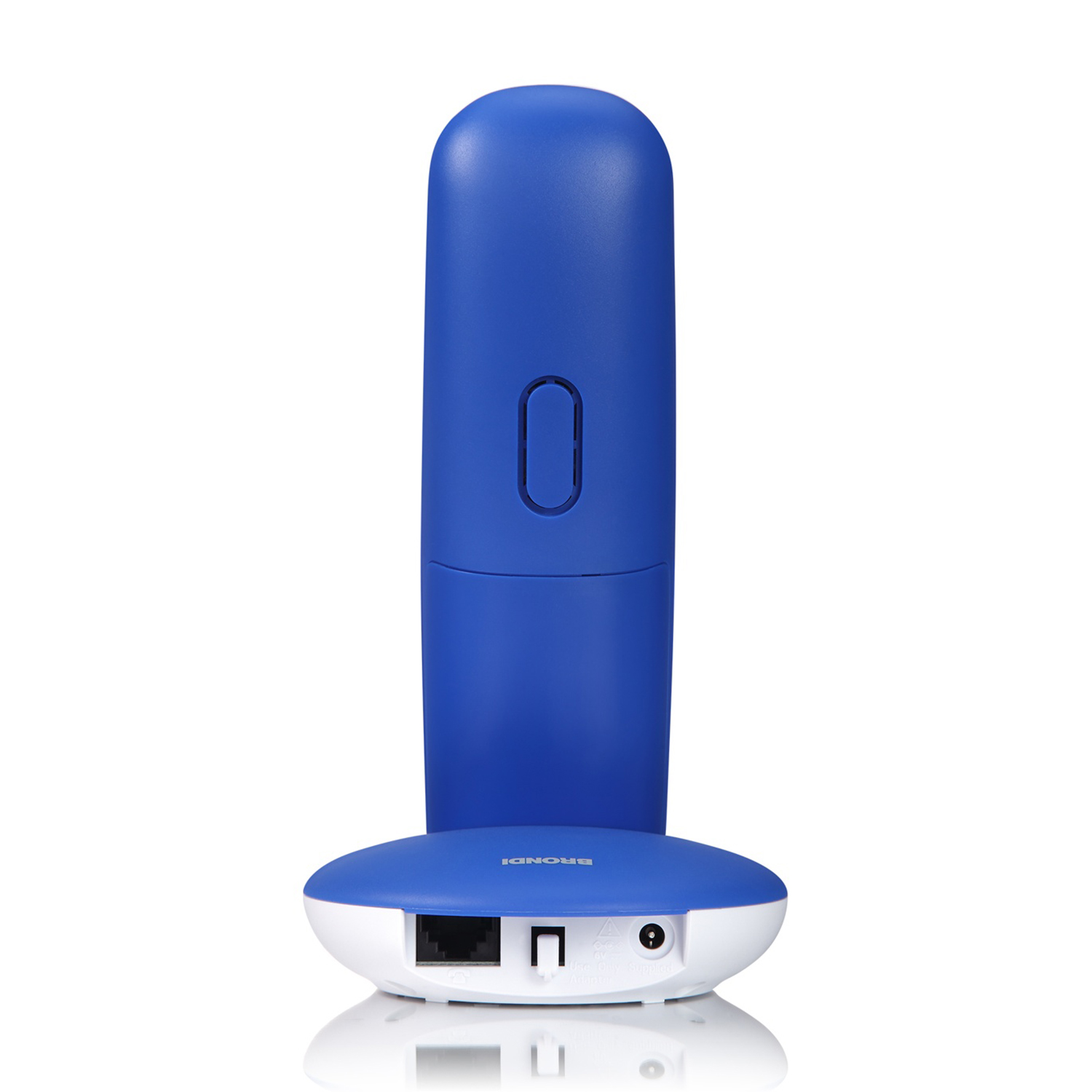 Un telefono cordless blu è sulla sua base bianca. Il telefono ha un corpo lungo e una base bianca.