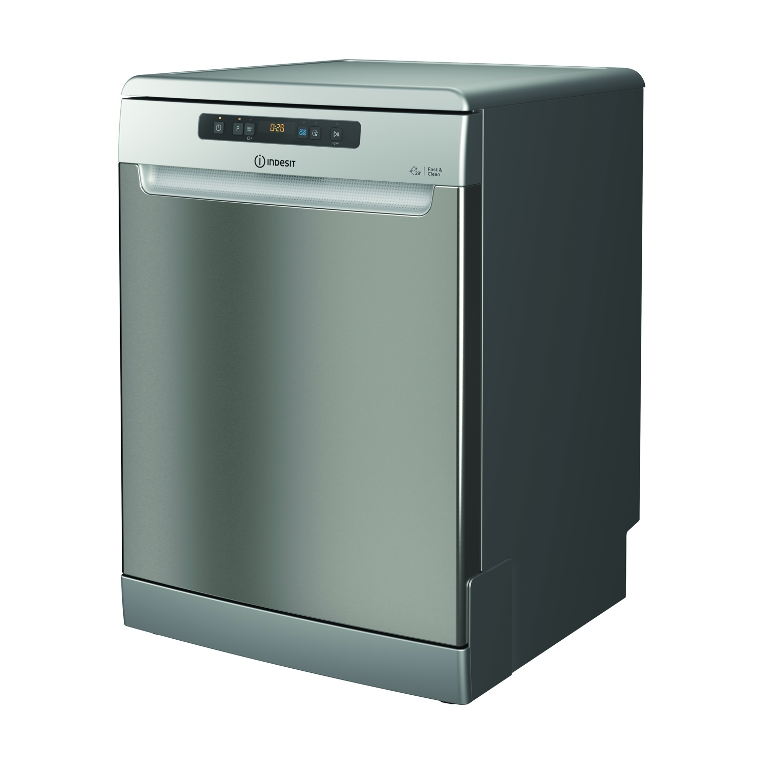 Una lavastoviglie Indesit argentata con display digitale che mostra 0:28. La macchina è su sfondo bianco, angolata verso destra.