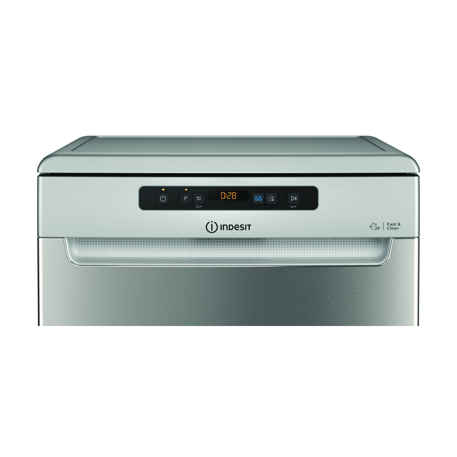 Una lavastoviglie Indesit in acciaio inox con display digitale che mostra 0:28. Sono visibili i pulsanti di accensione, programma e avvio.