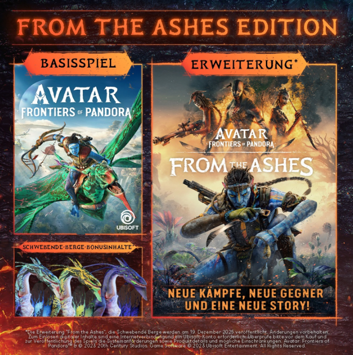 Spielwerbung für Avatar: Frontiers of Pandora. Enthält zwei Spielversionen und Bonusinhalte. Zeigt Na'vi-Charaktere und Kreaturen.