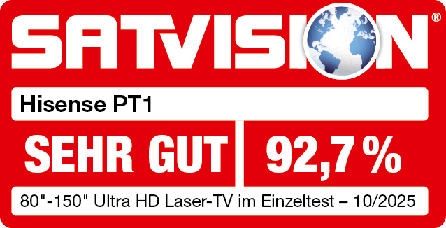 Rotes SATVISION-Logo mit Globus. Hisense PT1, Bewertung 'SEHR GUT' und 92,7 %. Details: 80"-150" Ultra HD Laser-TV Test.