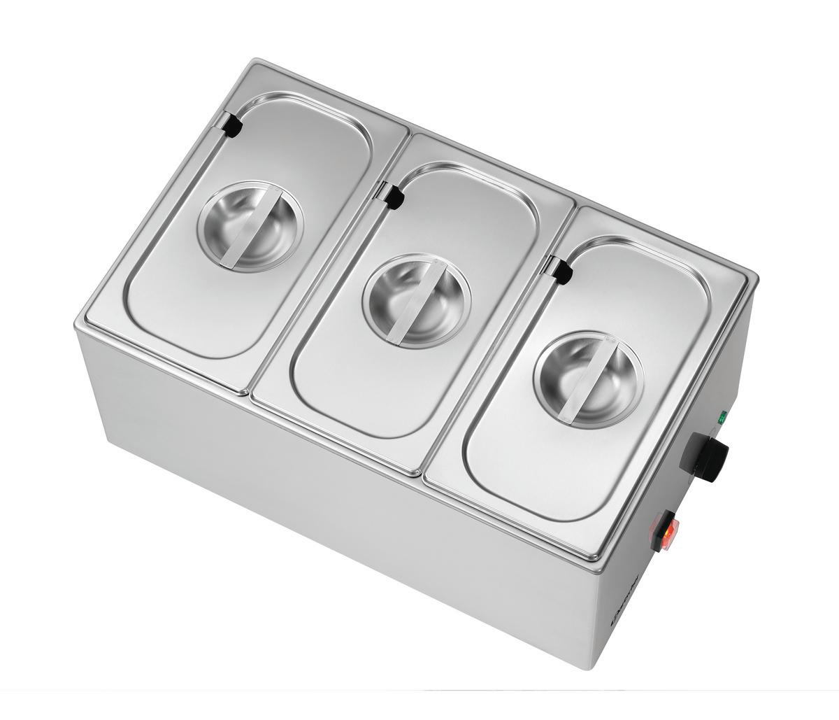 Ein Edelstahl-Speisenwärmer mit drei Fächern, jeweils mit Deckel. Er hat einen Netzschalter und Kontrollleuchten an der Seite.