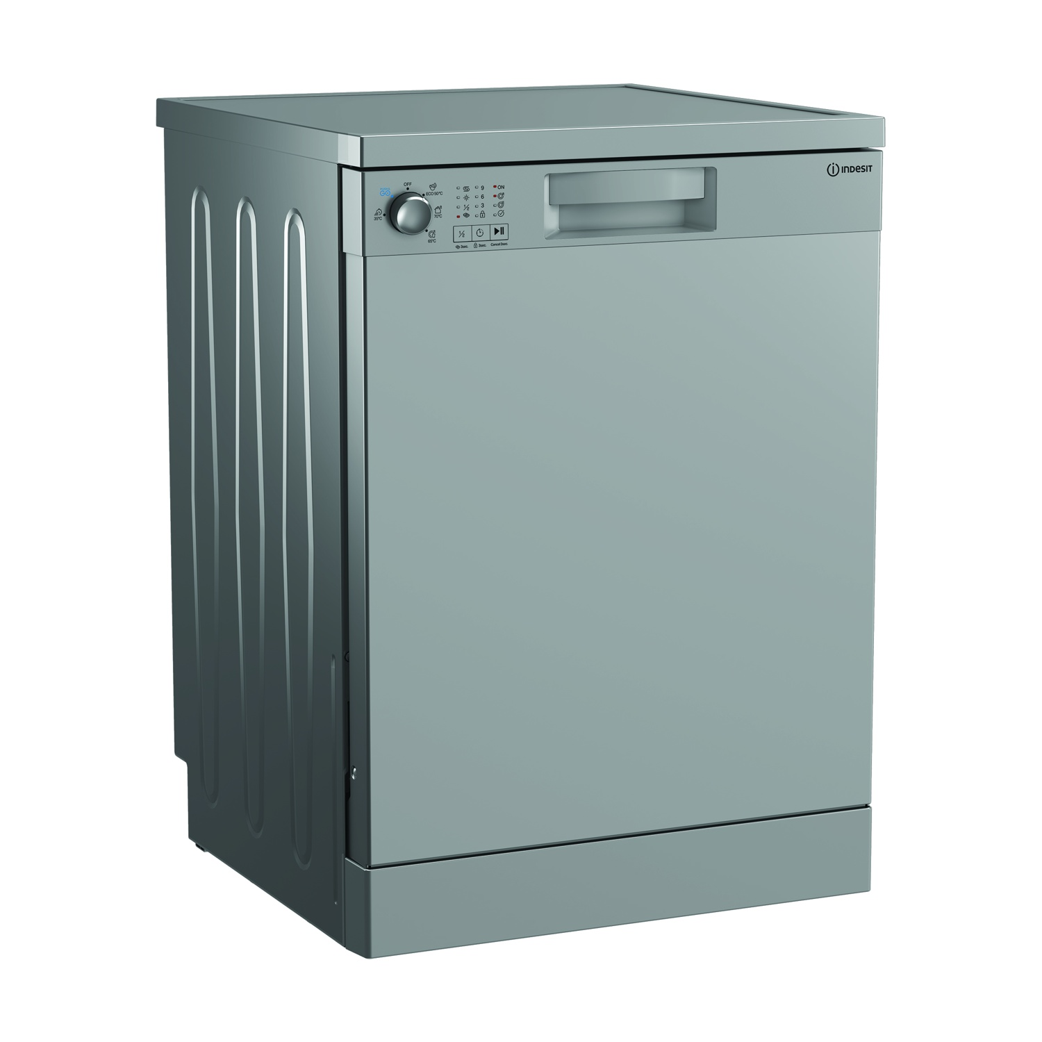 Una lavastoviglie Indesit argentata su sfondo bianco. Ha un pannello di controllo con pulsanti e una maniglia. Il logo Indesit è visibile.