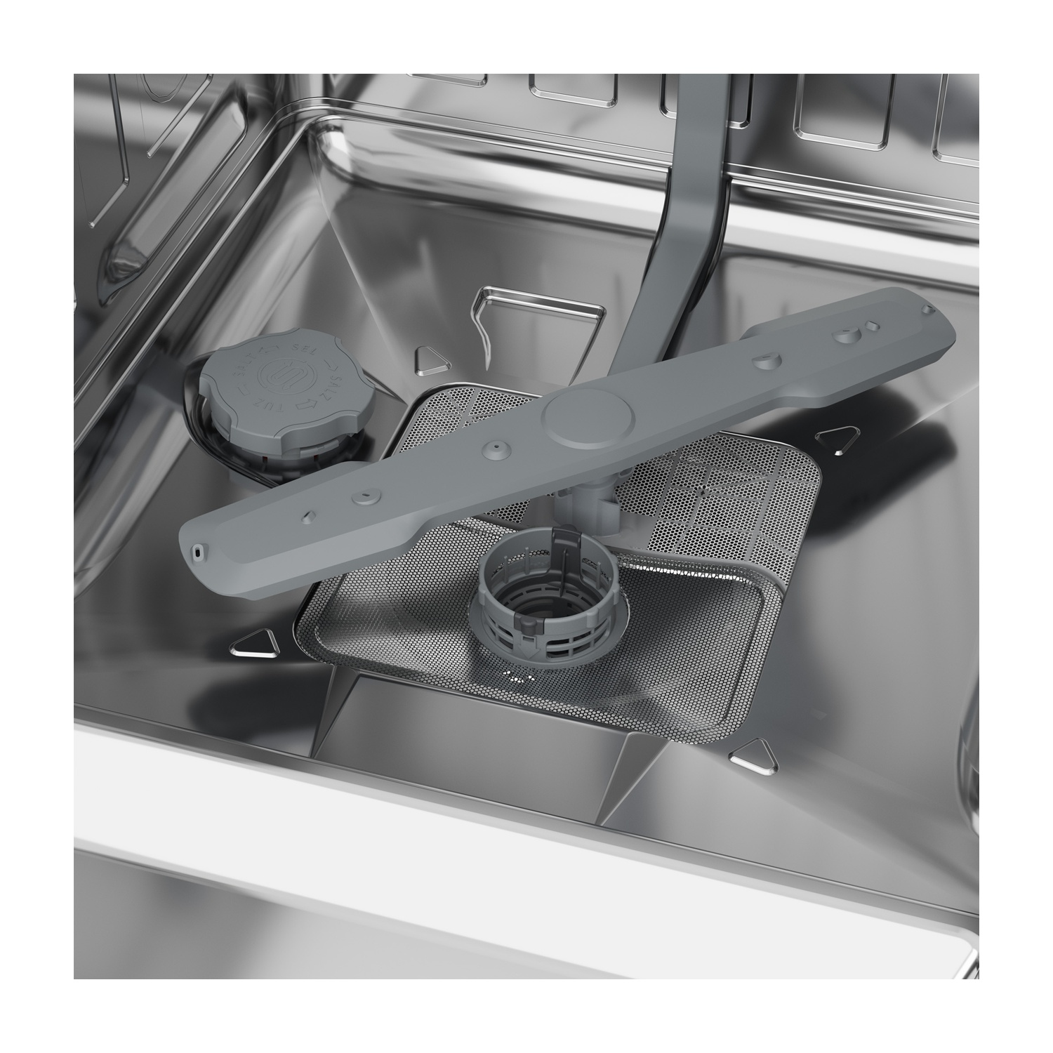 All'interno di una lavastoviglie: un braccio irroratore grigio, un filtro e un contenitore per il sale. L'interno è in acciaio inox, con cornice bianca.