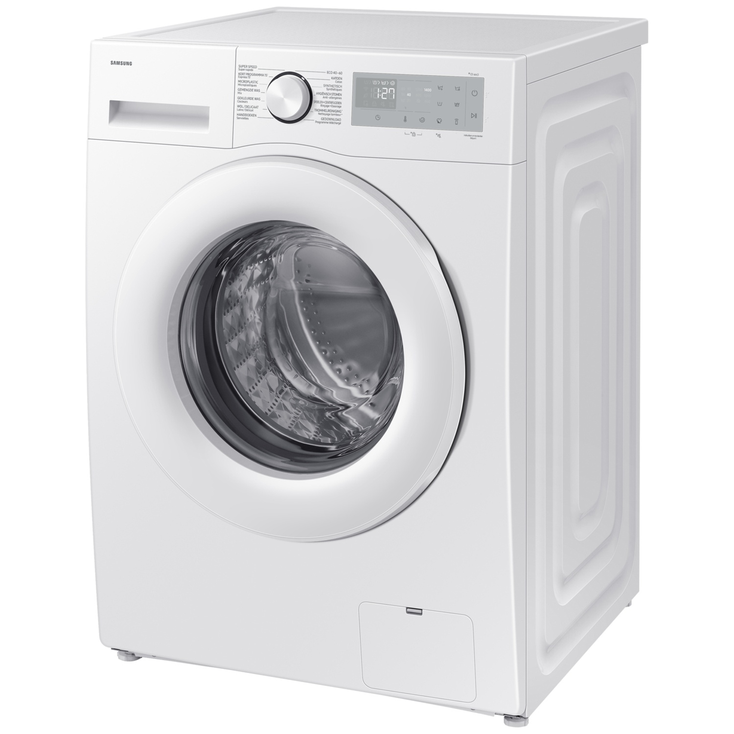 A white Samsung washing machine. It has a round door and a control panel with various settings and a digital display.