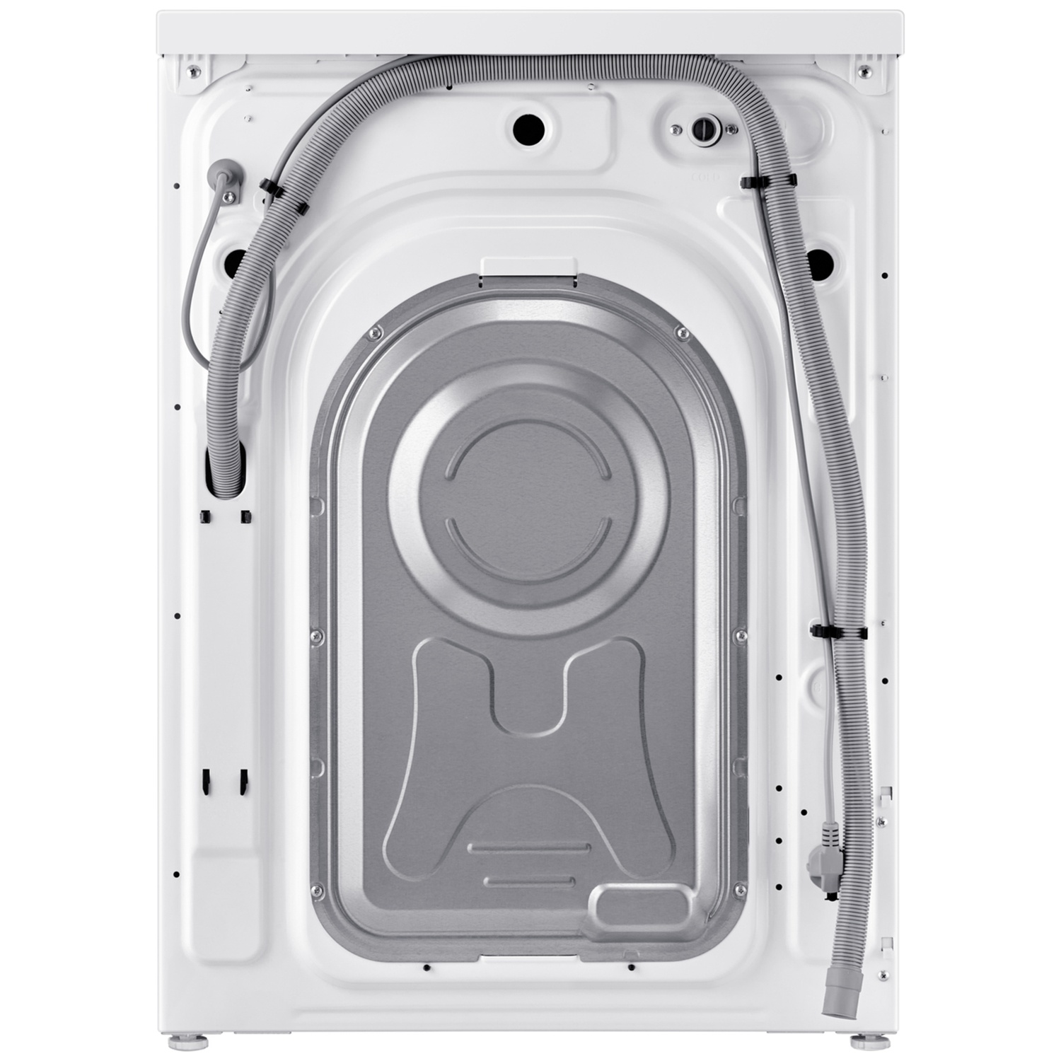 The back of a white washing machine. Gray hoses and a metal plate are visible. The machine has a rectangular shape and is clean.