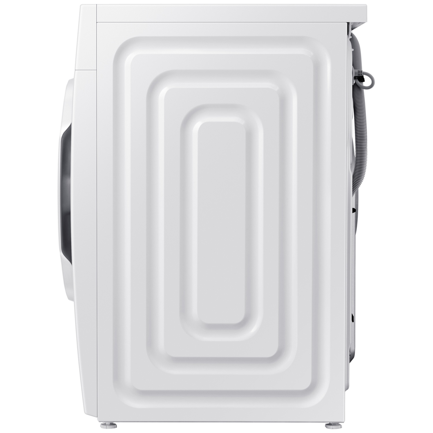 Side view of a white washing machine. It has a recessed panel design on the side and a grey hose extending from the back.