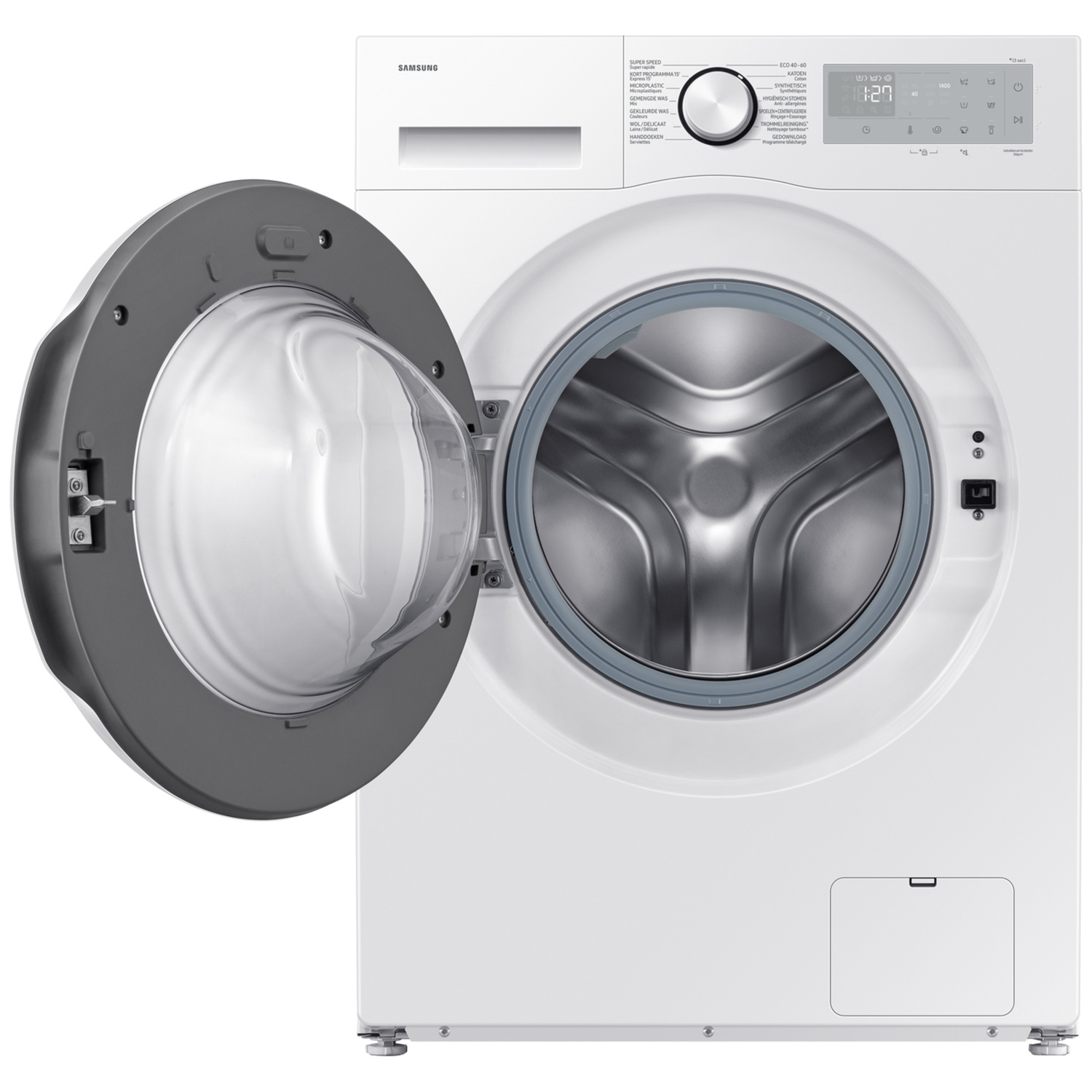 A white Samsung washing machine with an open door. The door has a grey frame and a clear glass. Control panel on the right.