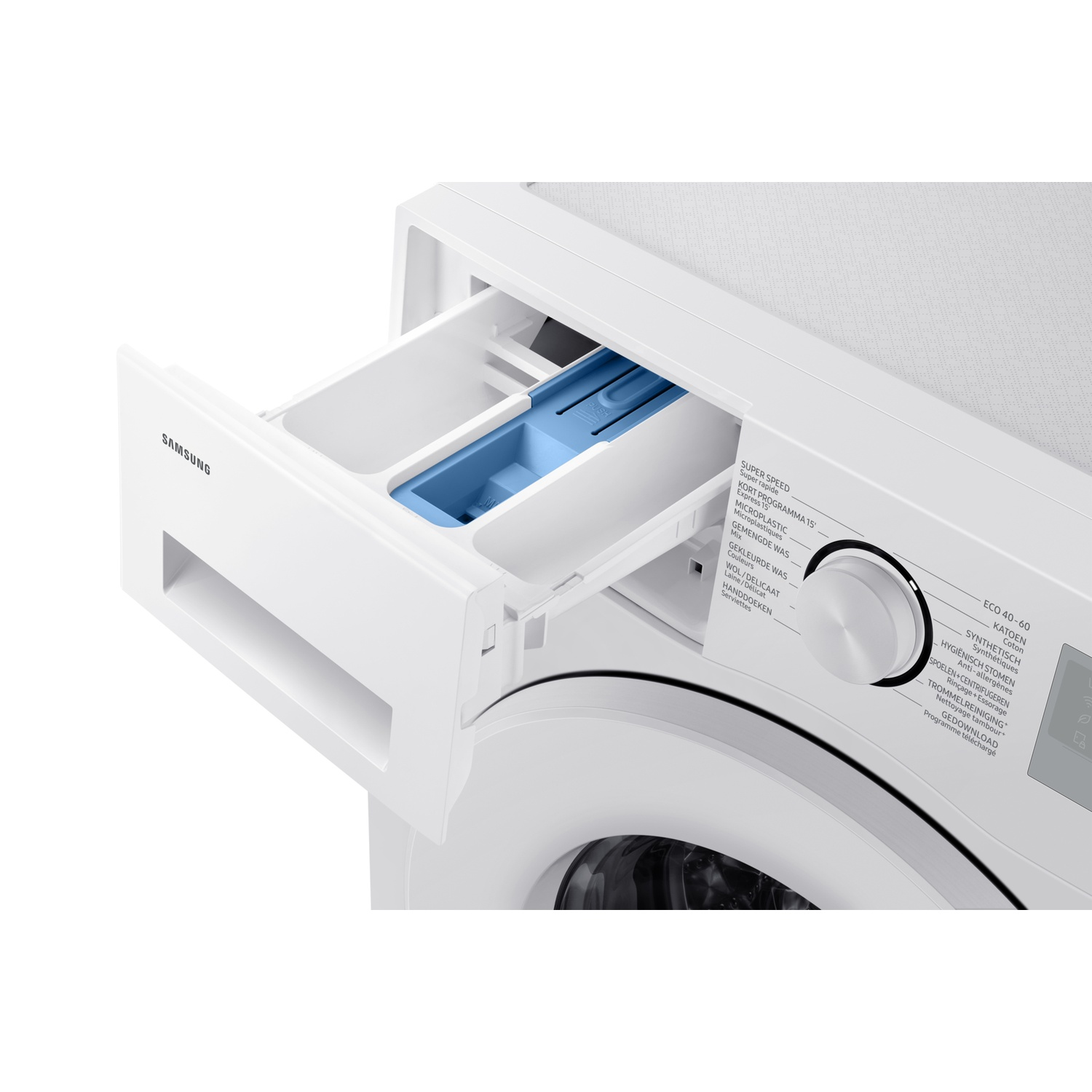 A white washing machine is shown. The detergent drawer is open, revealing blue compartments. A dial and text are on the front.