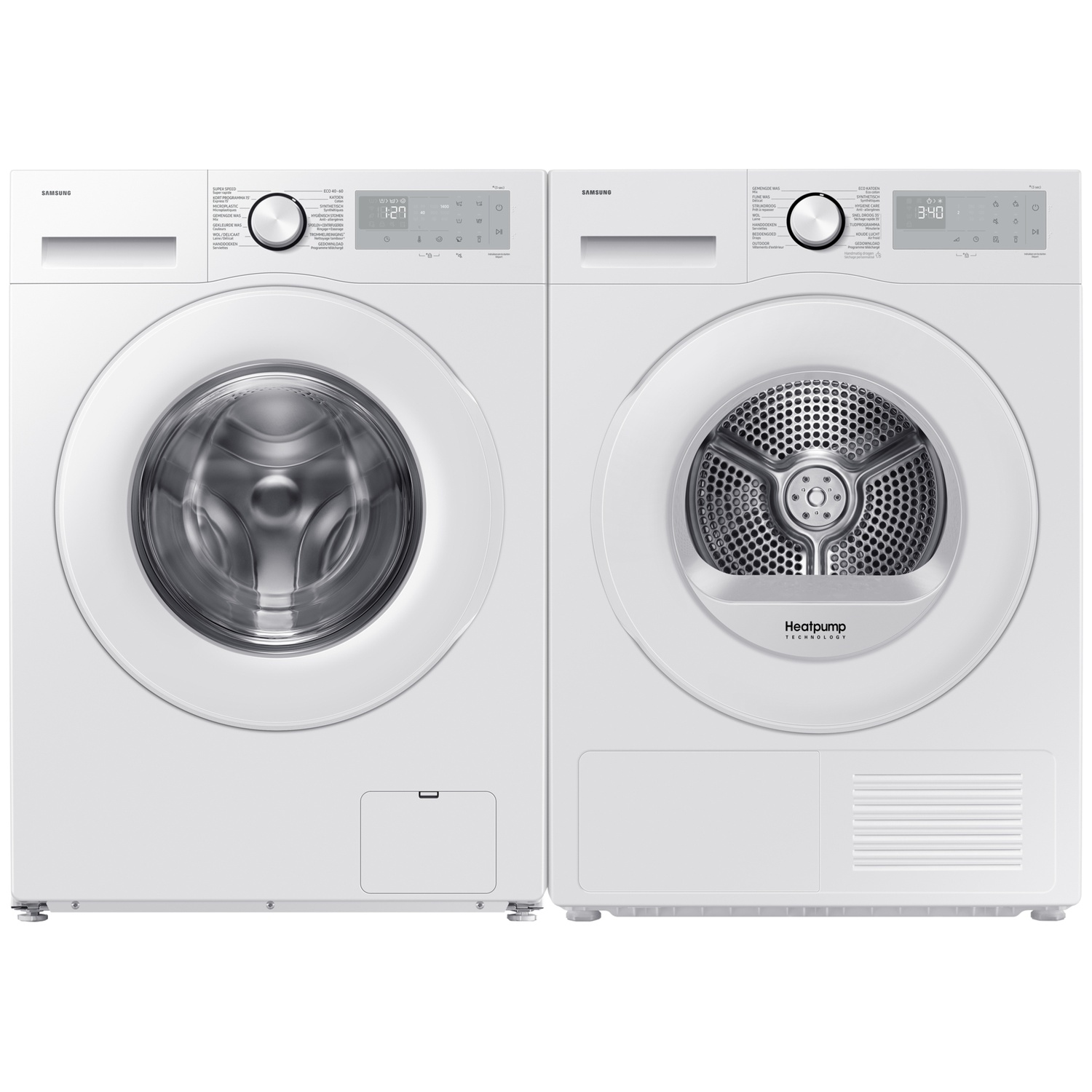 A white Samsung washer and dryer set, side-by-side. The washer has a glass door, the dryer has a mesh door. Both have digital displays.