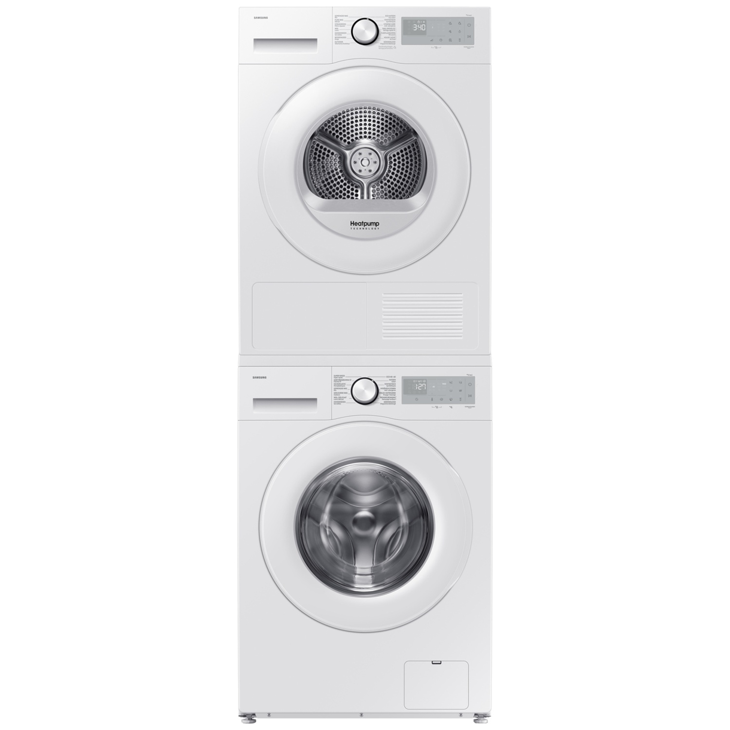 Stacked white Samsung washer and dryer. The dryer is on top, with a round door. The washer has a round door at the bottom.