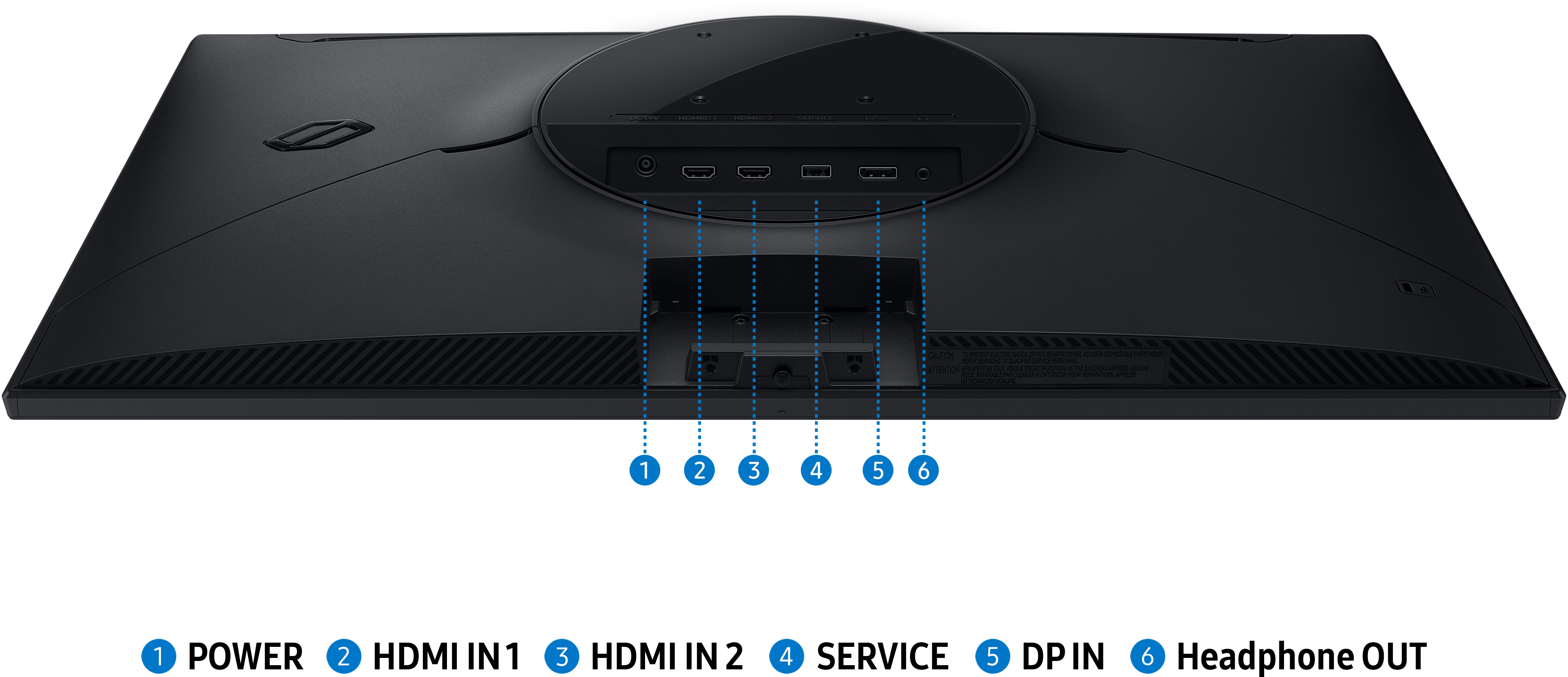 Fekete monitor hátulja. Portok: tápellátás, HDMI, szerviz, DP bemenet és fejhallgató kimenet.