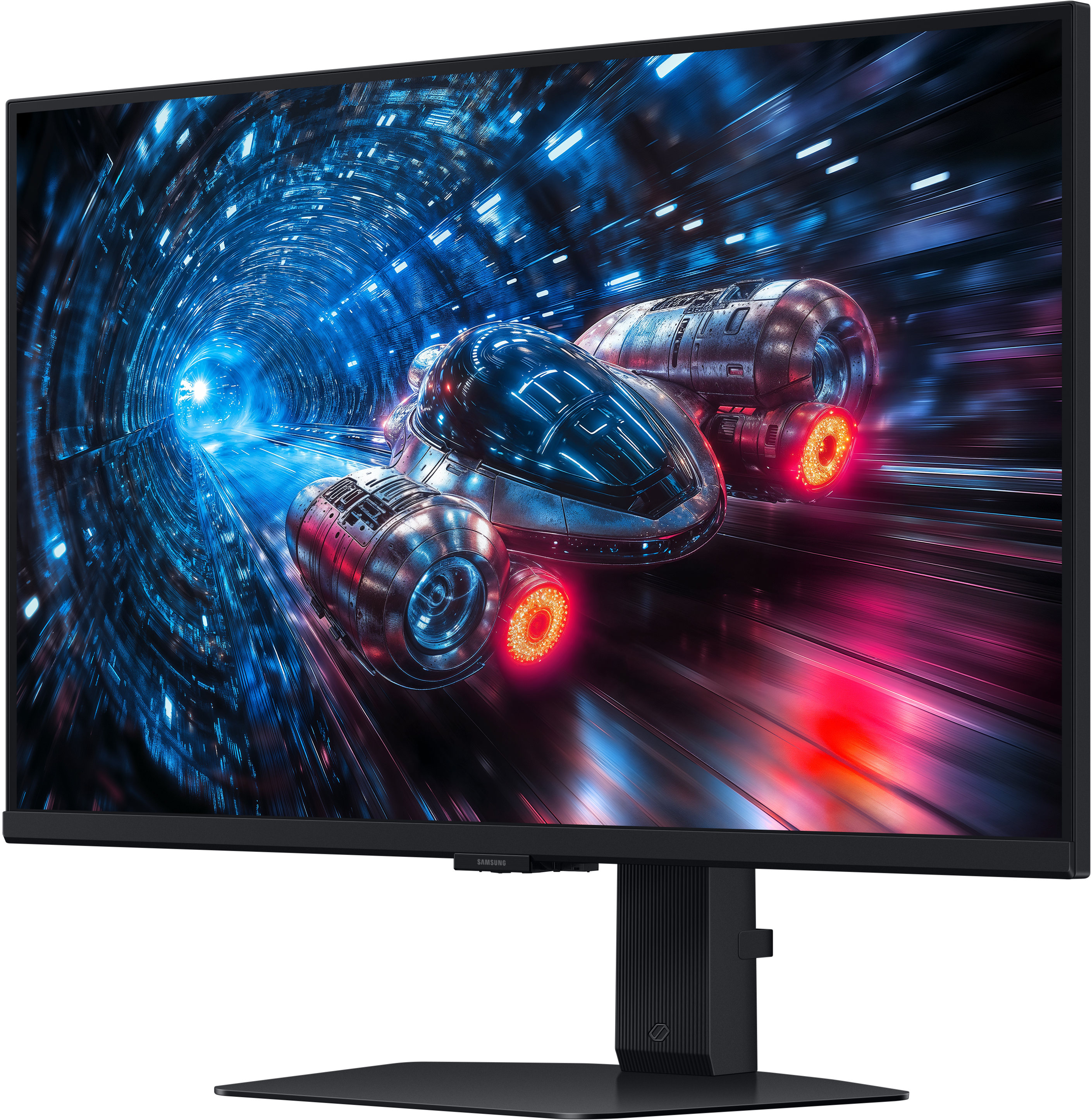A monitor egy űrhajót jelenít meg egy kék alagútban. Az űrhajón piros lámpák vannak, és gyorsan mozog.