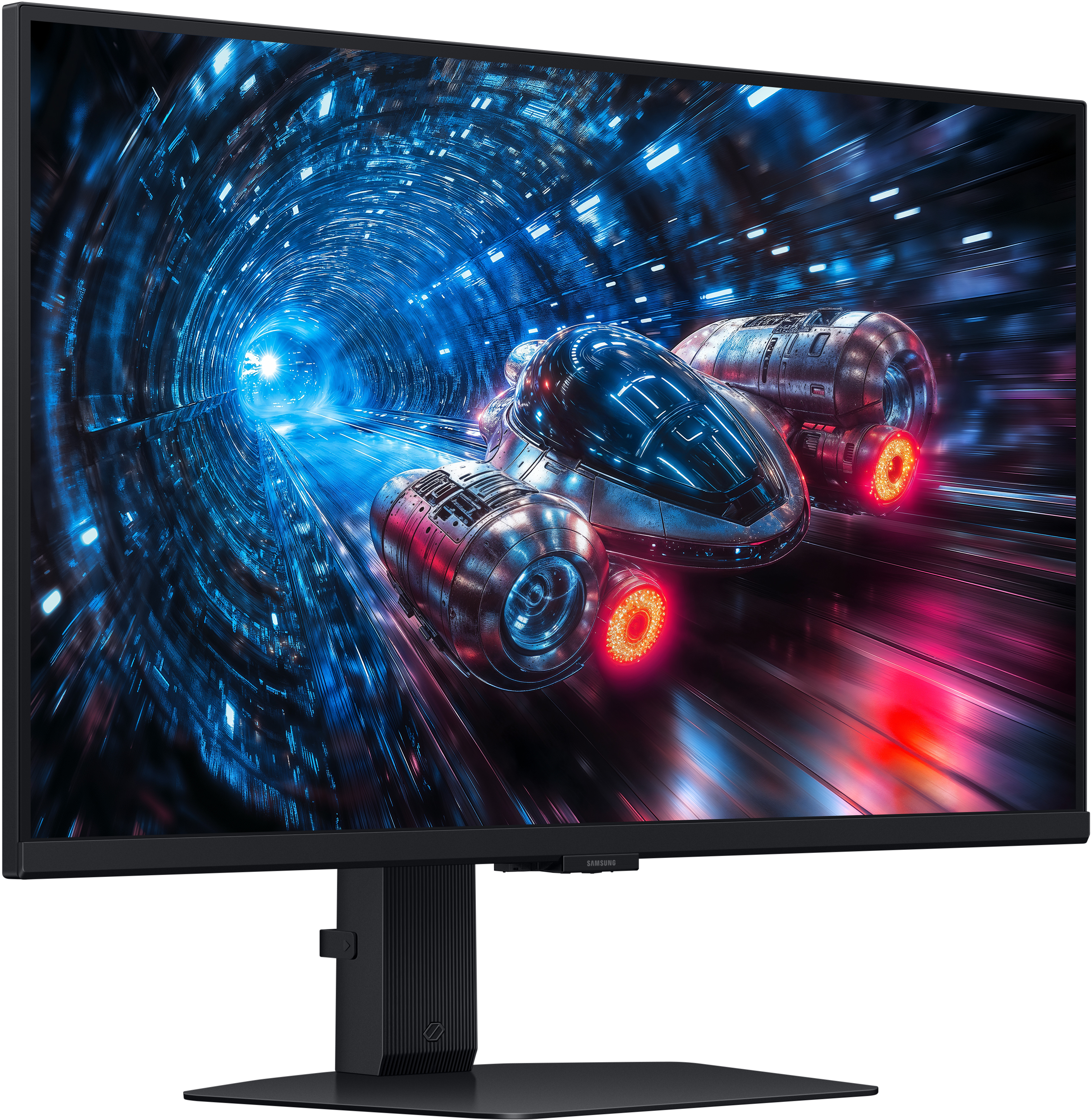 Monitor, amely egy űrhajót jelenít meg egy kék alagútban. A hajó motorjaiból piros fények áradnak. Fekete monitor talp.