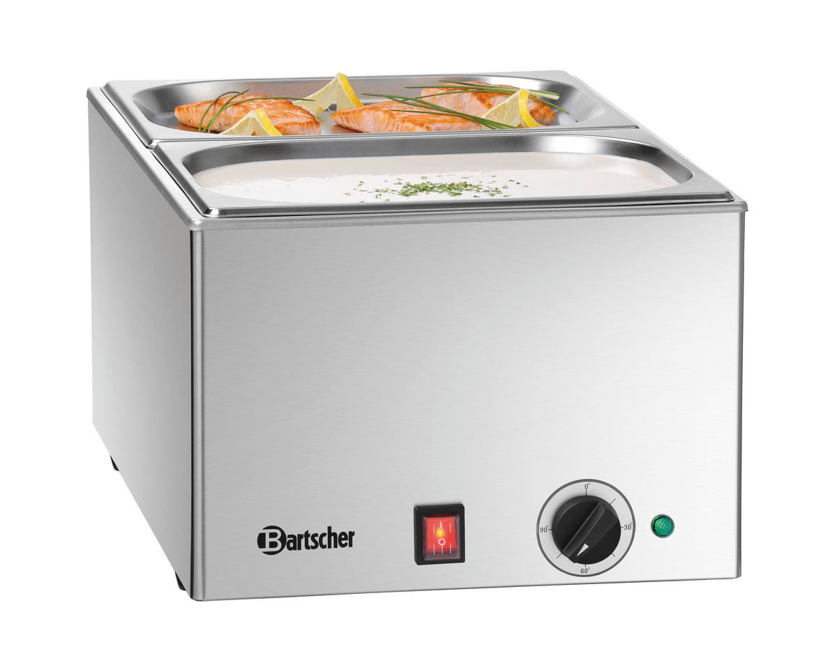 Edelstahl-Speisenwärmer. Oben Lachs und Zitrone, Suppe. Hat Strom, Temperaturregler. Bartscher-Logo.