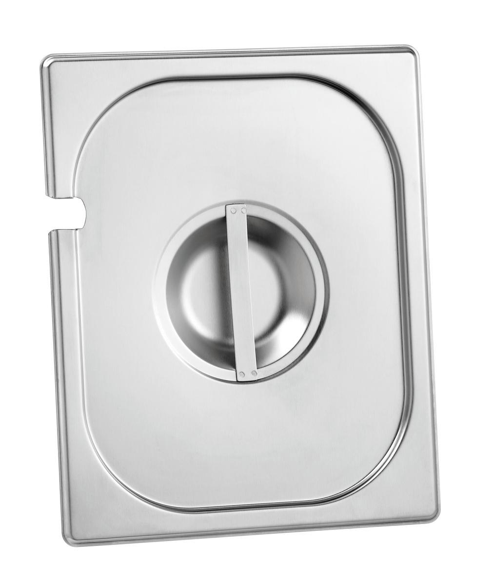 Eine rechteckige Edelstahl-Lebensmittelwanne mit Deckel. Der Deckel hat eine kreisförmige Vertiefung mit Griff. Die Pfanne ist leer.