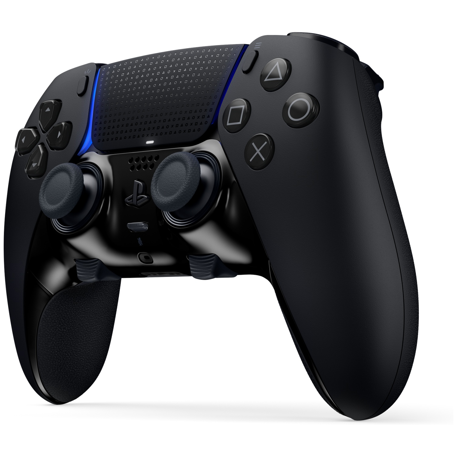 A black PlayStation 5 controller. It has buttons and analog sticks. The background is white.