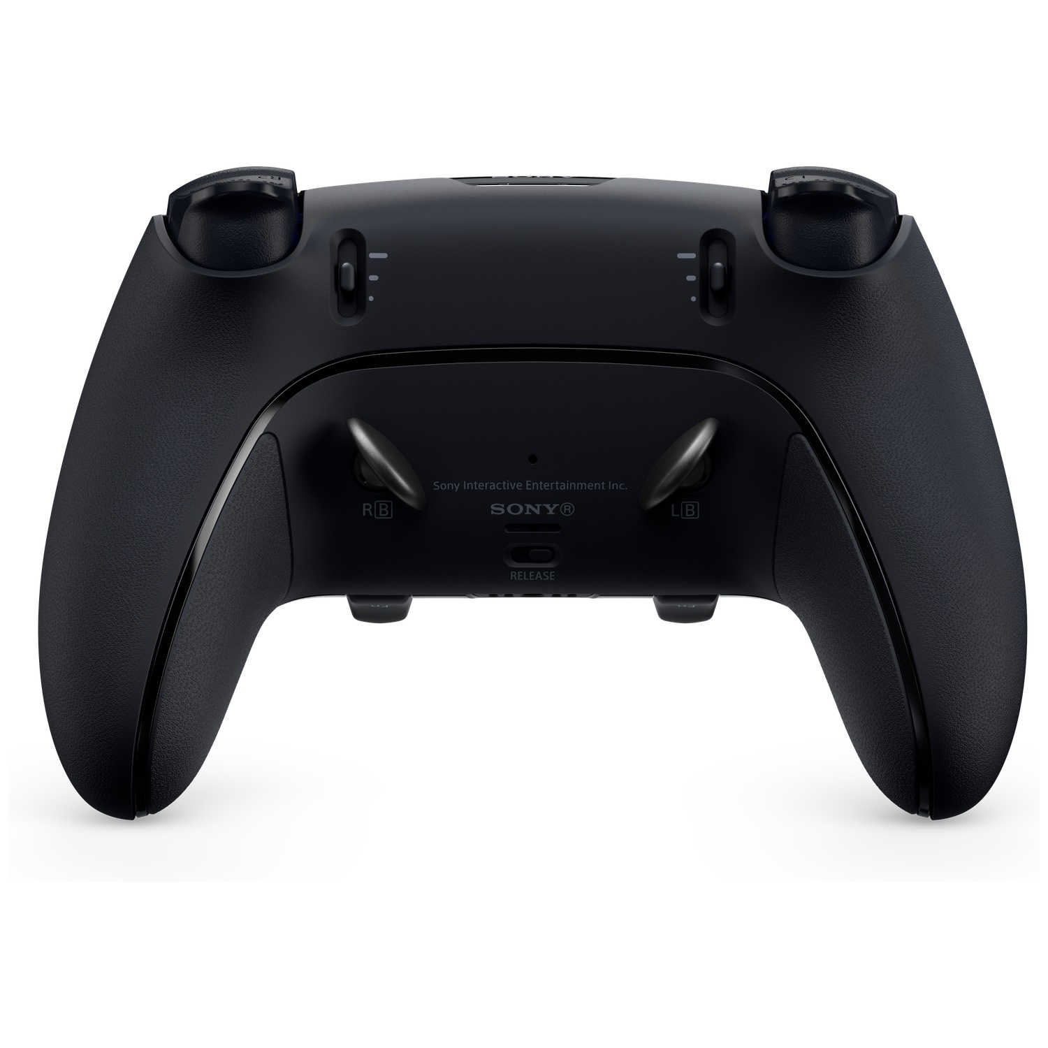 Black PlayStation controller, back view. Features buttons, triggers, and the Sony logo.  Textured surface and sleek design.