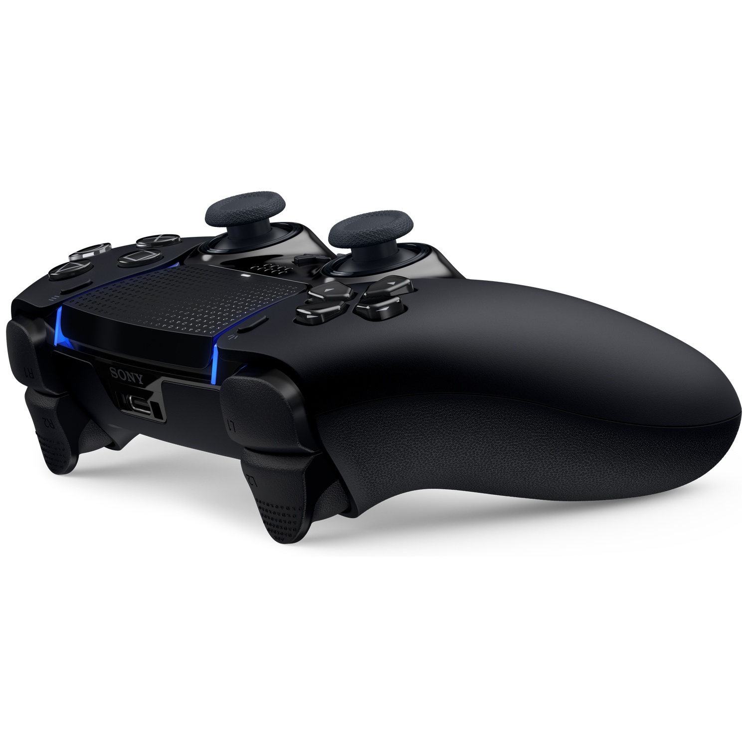 A black PlayStation 5 controller is shown on a white background. It has buttons, joysticks, and a textured grip for comfortable use.