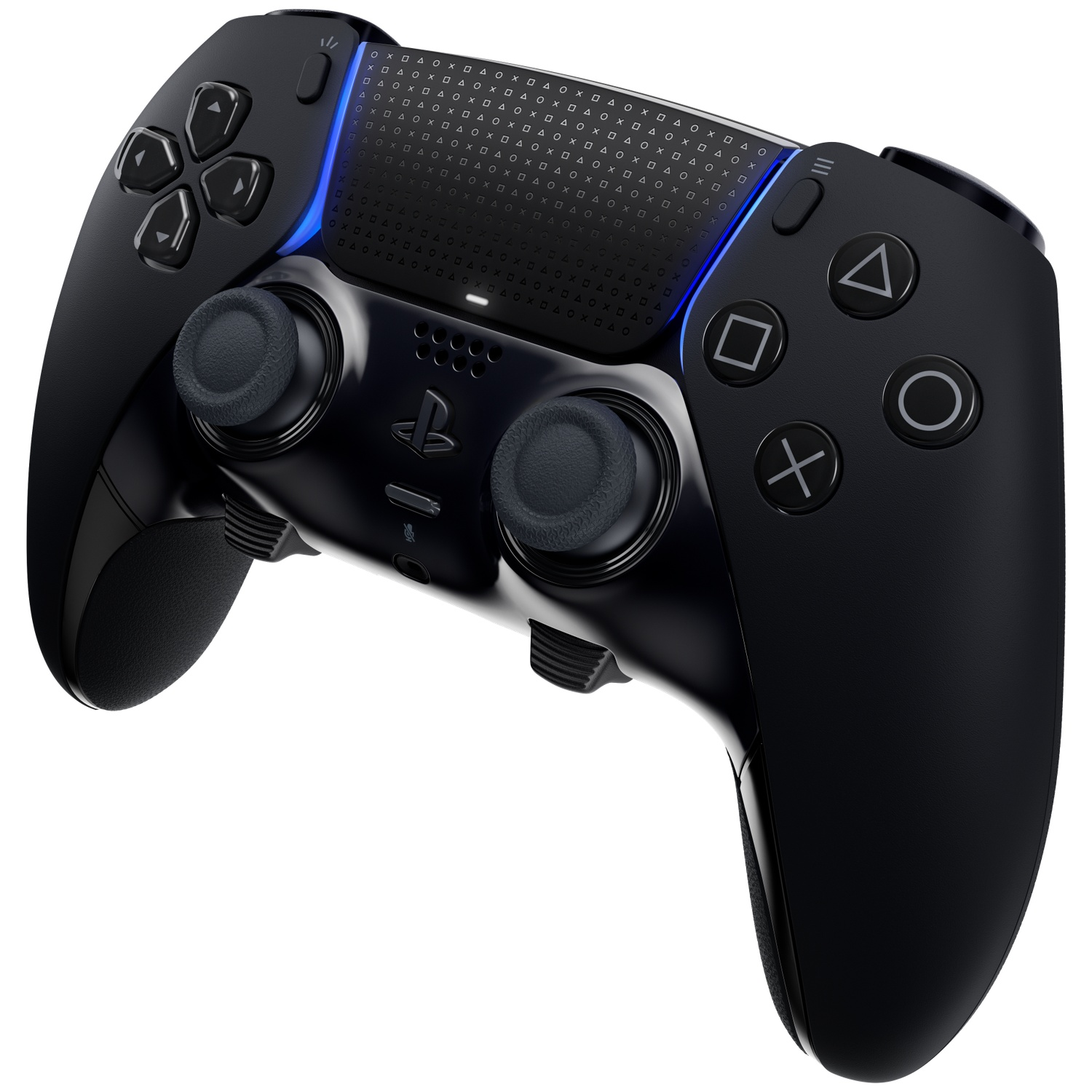 Black PlayStation controller with buttons, joysticks, and a touch panel. Illuminated blue light on top.