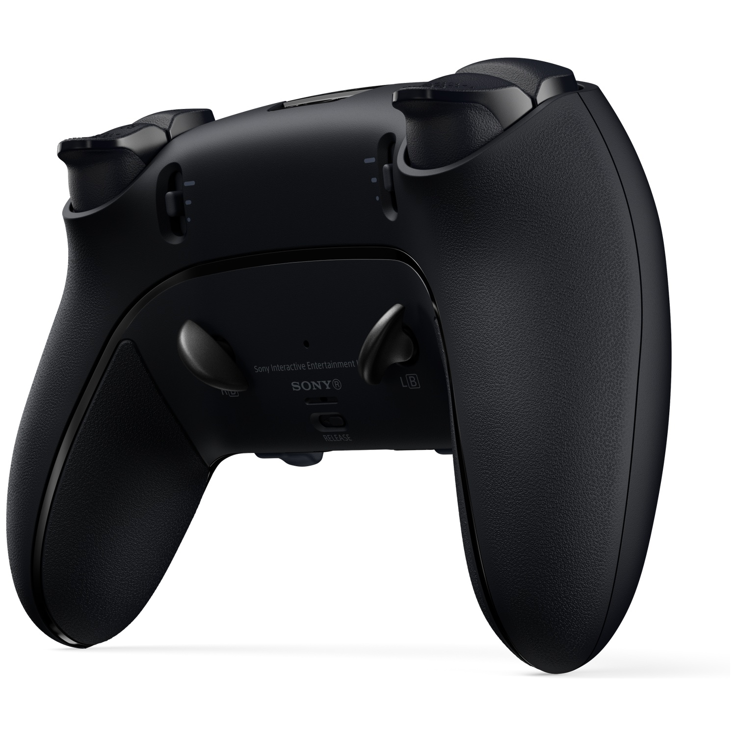 A black PlayStation 5 controller is shown, with textured grips and buttons. The Sony logo is visible.