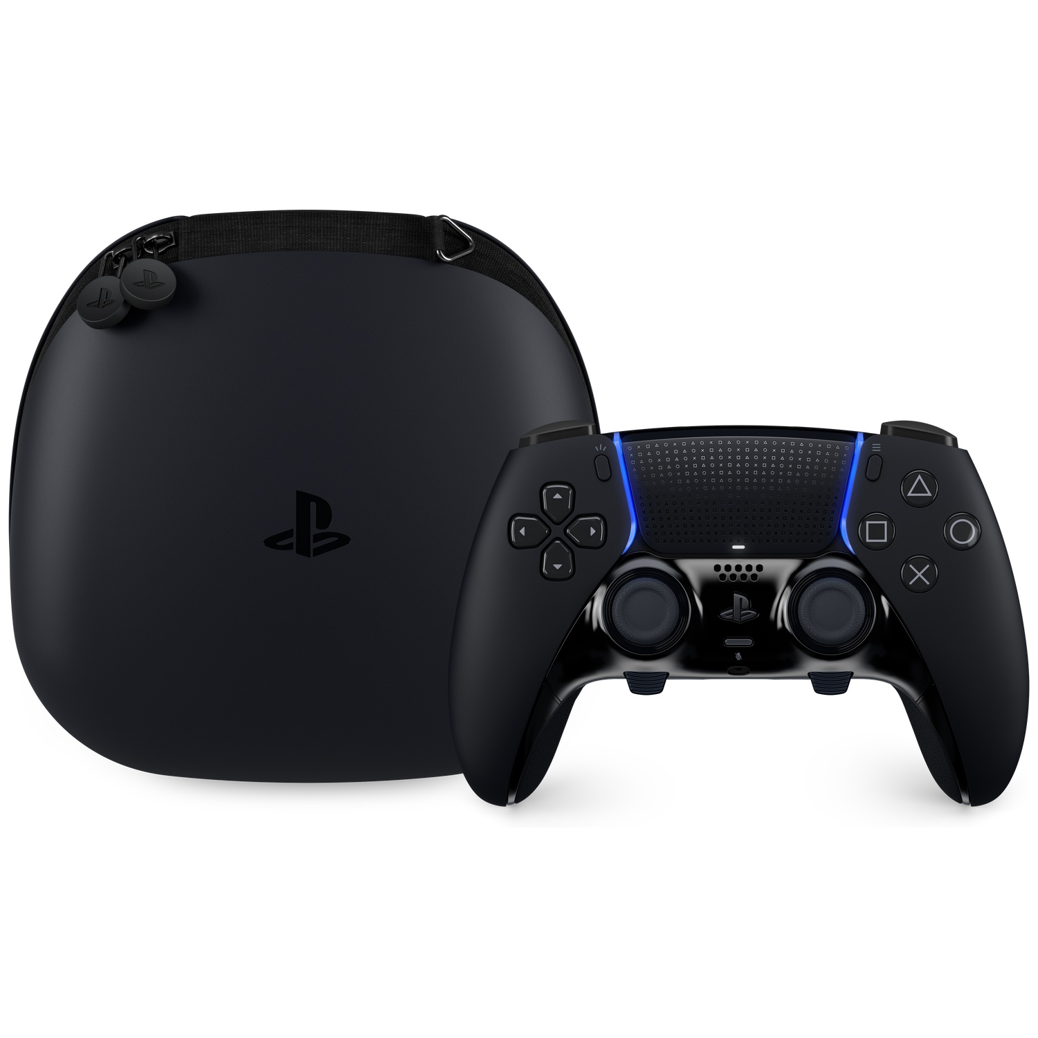 Black PlayStation controller with case. Controller has buttons and joysticks. The case is oval and has a PlayStation logo.