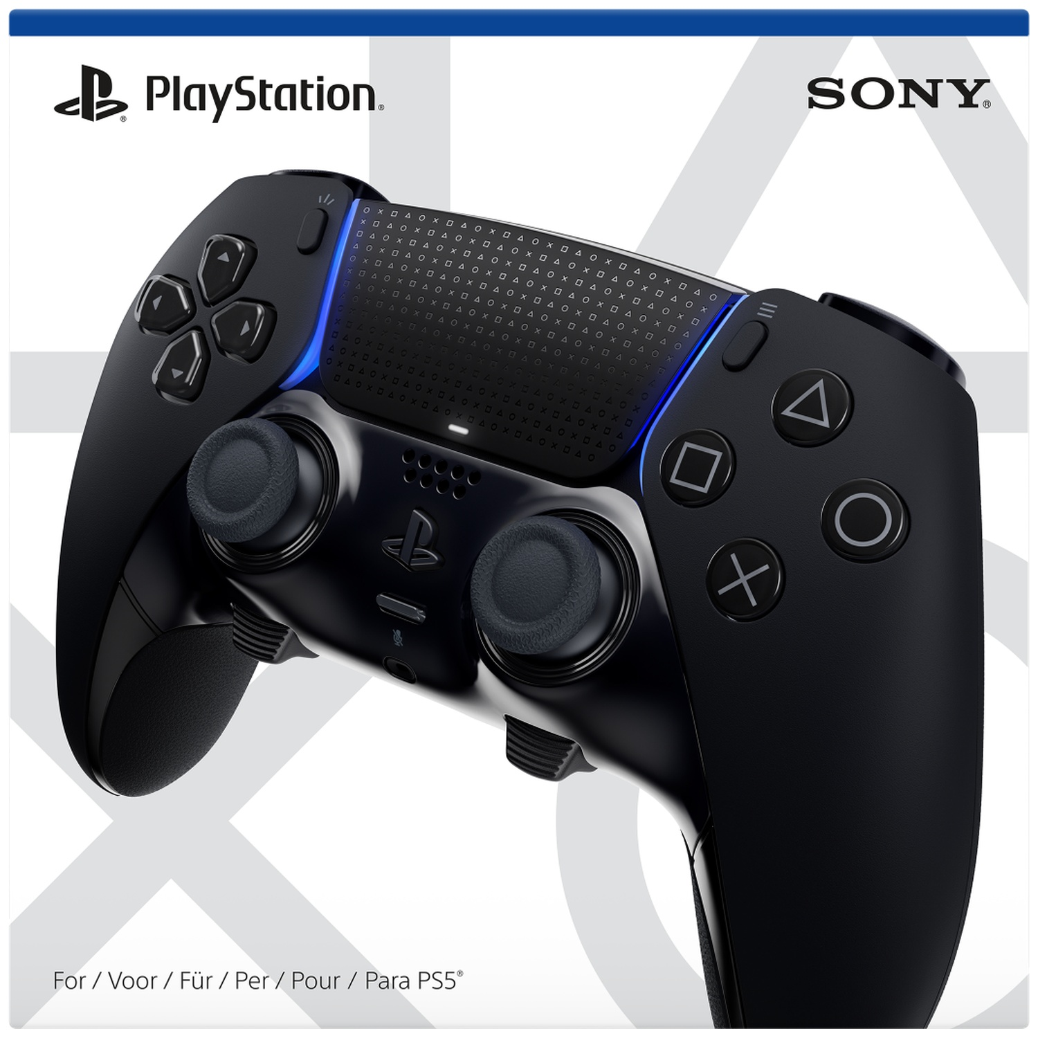 Black PlayStation 5 controller with blue accents. Features buttons, analog sticks, and a touchpad. Sony logo in the background.