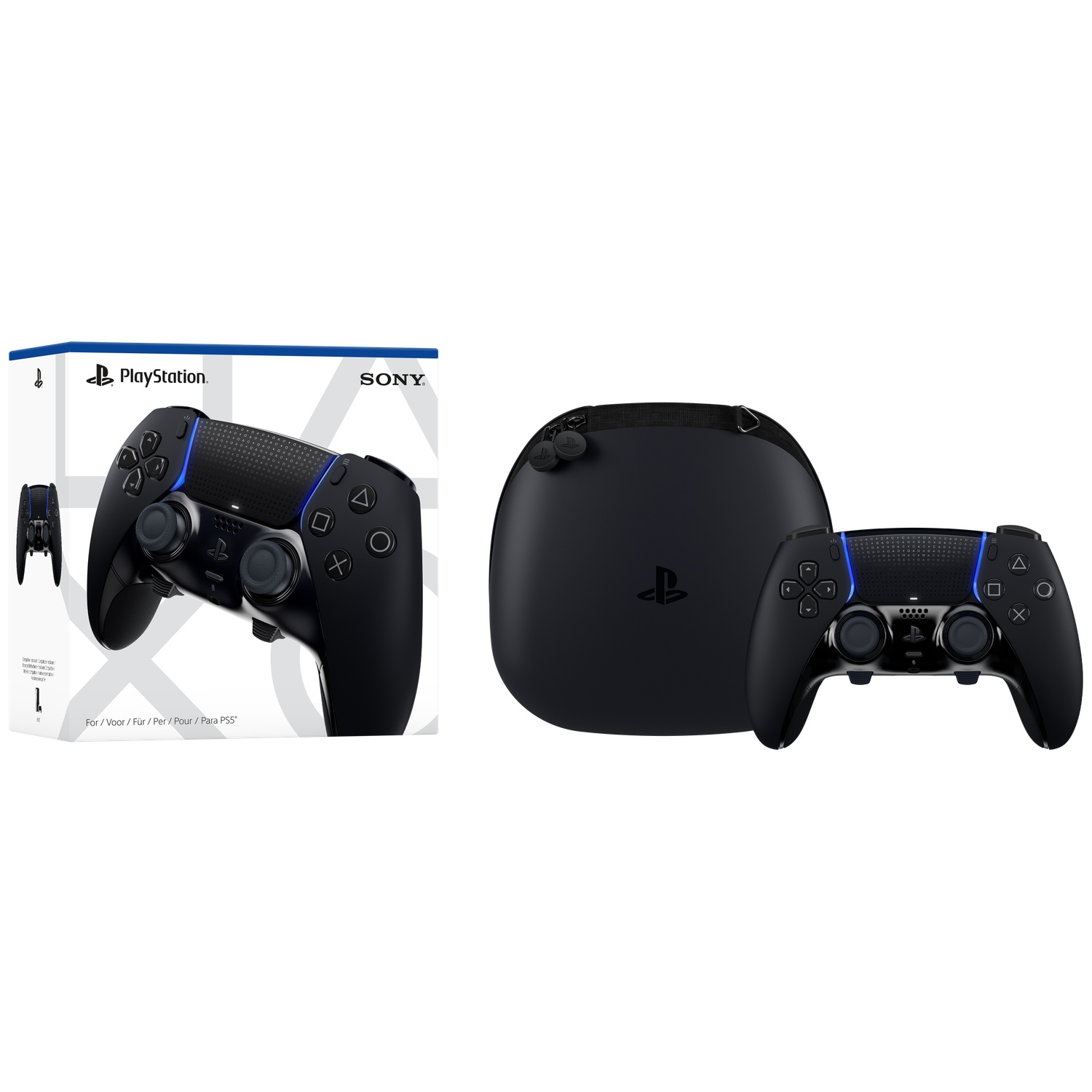 Image shows a black PlayStation 5 controller with its case and box. The controller is black with blue accents.