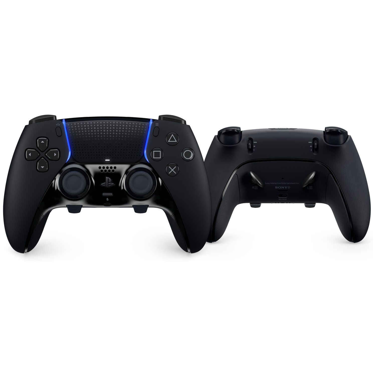 Two black Sony PlayStation 5 controllers are shown. One is front-facing, the other back-facing. Both are on a white background.