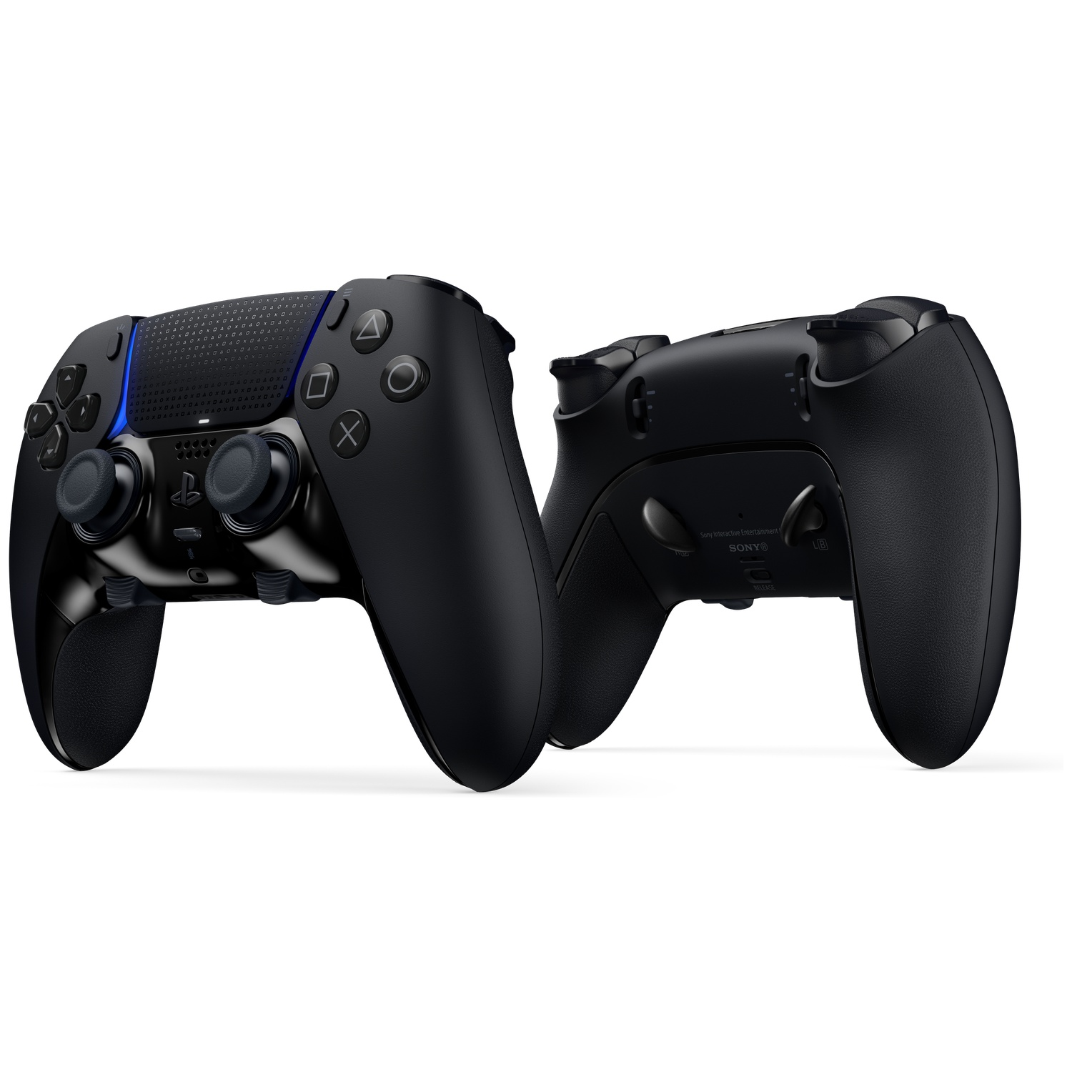 Two black Sony PlayStation controllers. One shows the front with buttons and sticks, the other the back with grip and buttons.