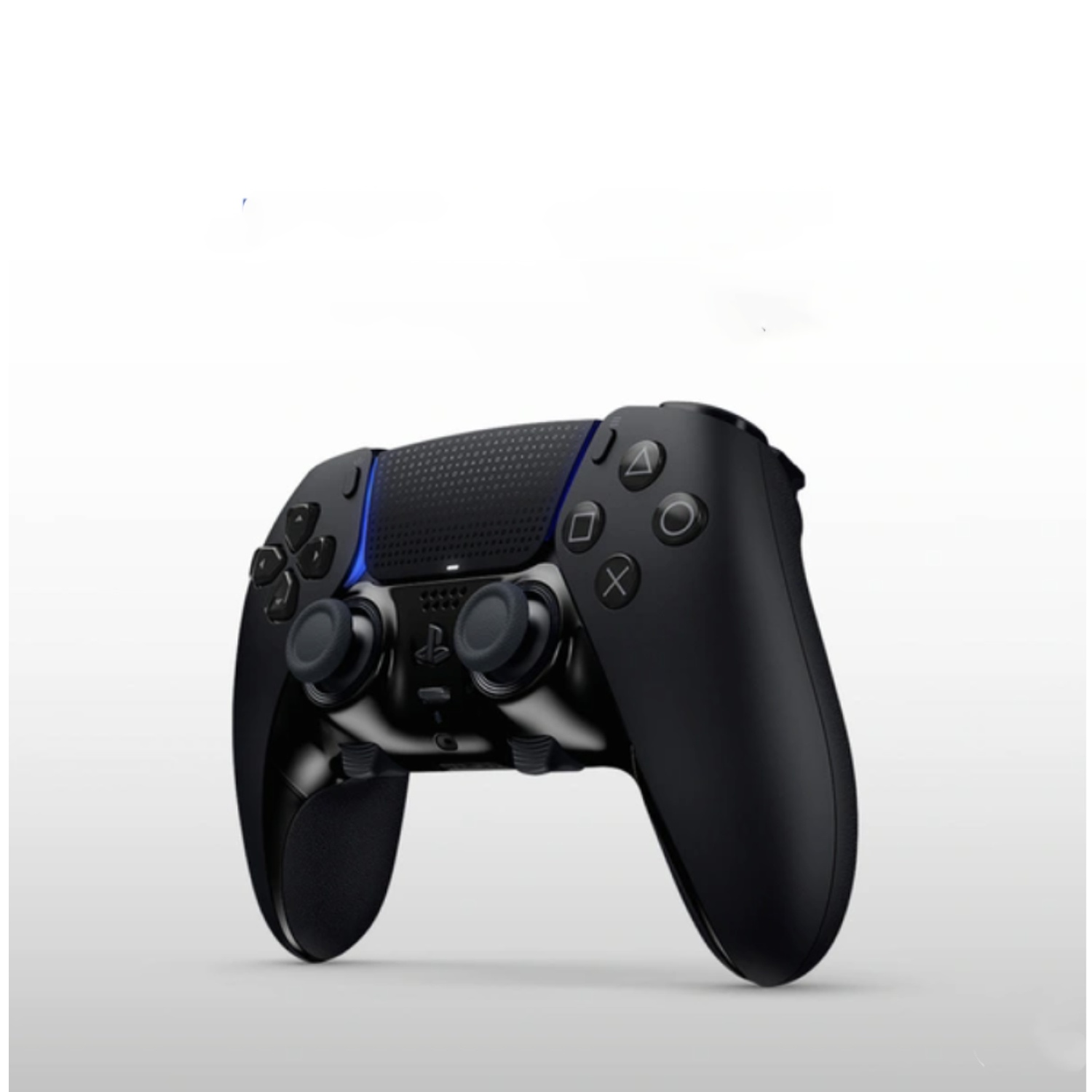 A black PlayStation controller with blue accents. It has buttons, analog sticks, and a textured grip.