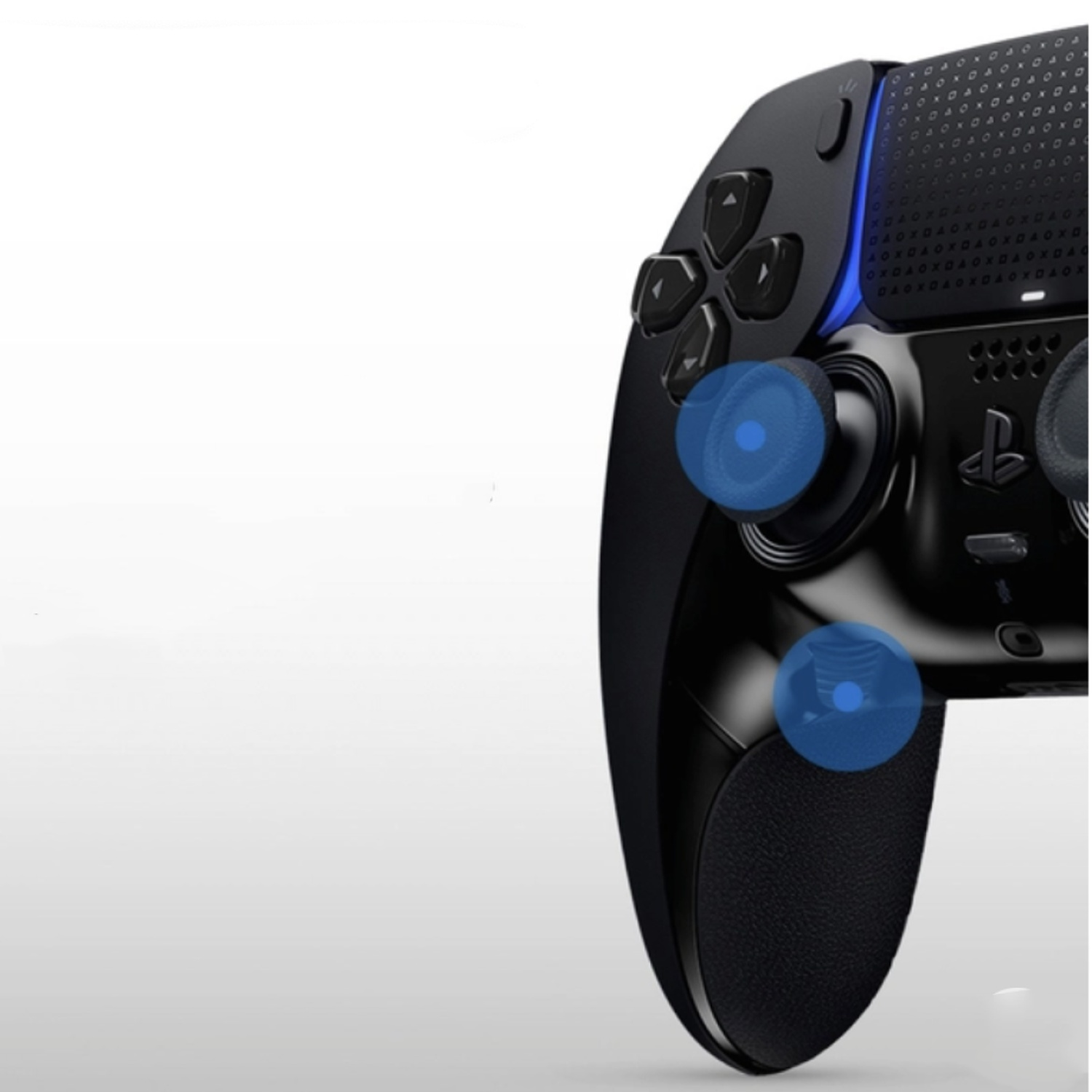 A black PlayStation controller with blue highlights. The controller has buttons, a D-pad, and thumbsticks. The background is white.