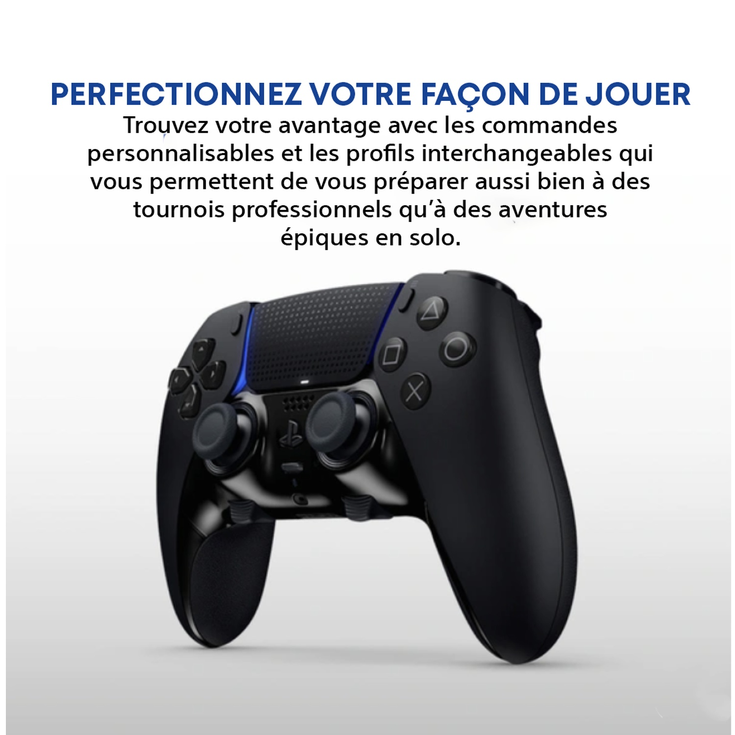 Black game controller with blue accents, buttons, and joysticks, against a white background.