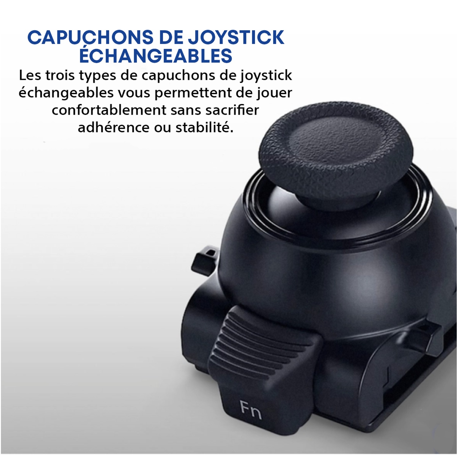 A black joystick with a textured top and a button labeled 'Fn'. The background is white with French text.